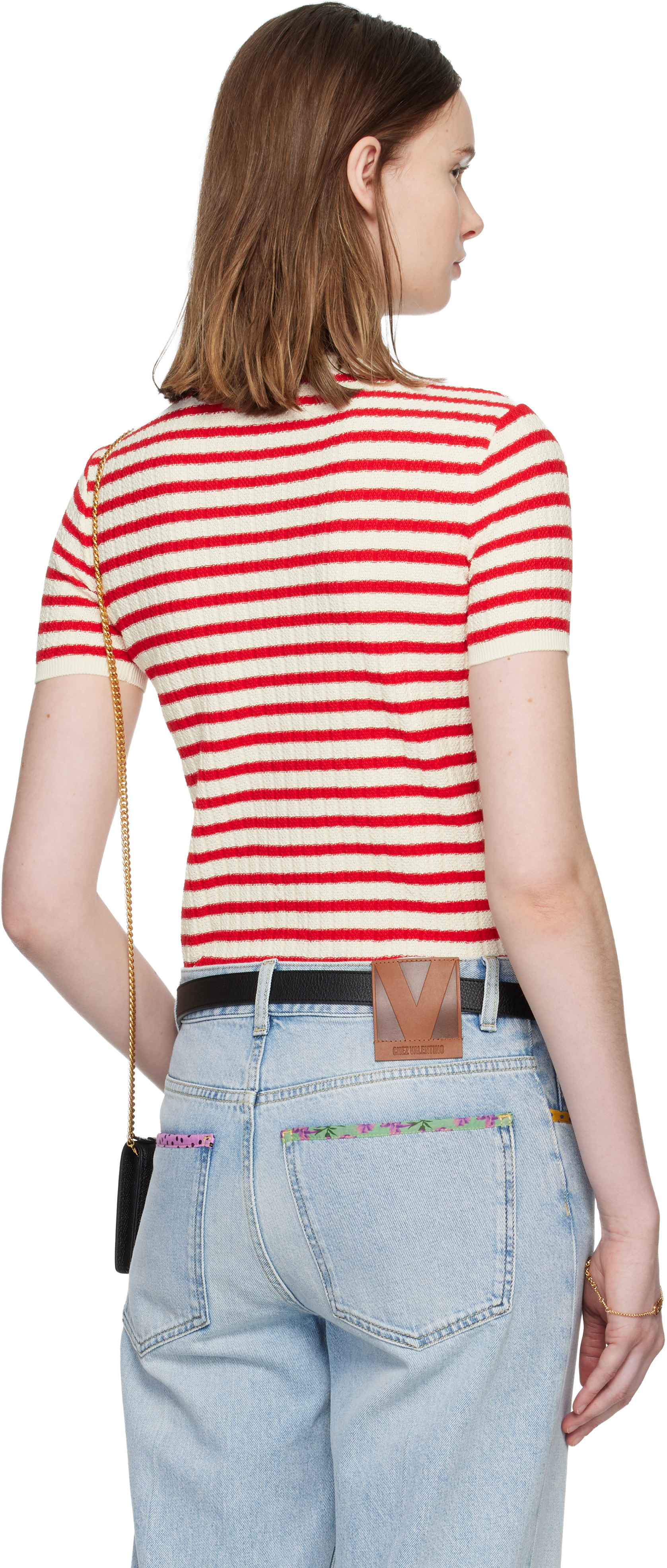 Valentino: Red & White Knit Stripe Short Sleeve Sweater | SSENSE