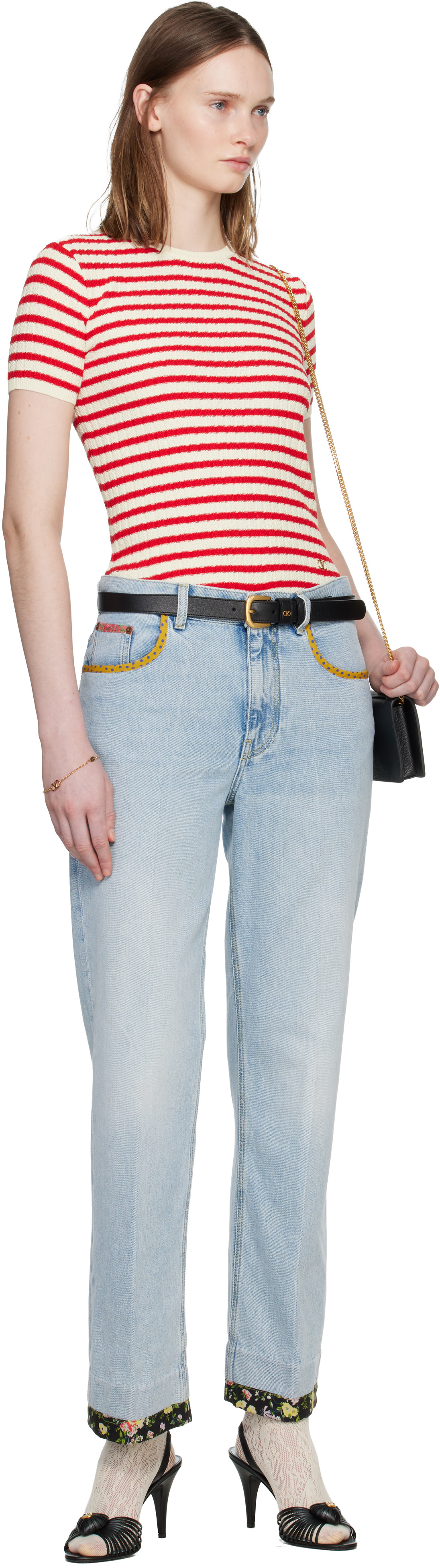 Valentino: Red & White Knit Stripe Short Sleeve Sweater | SSENSE