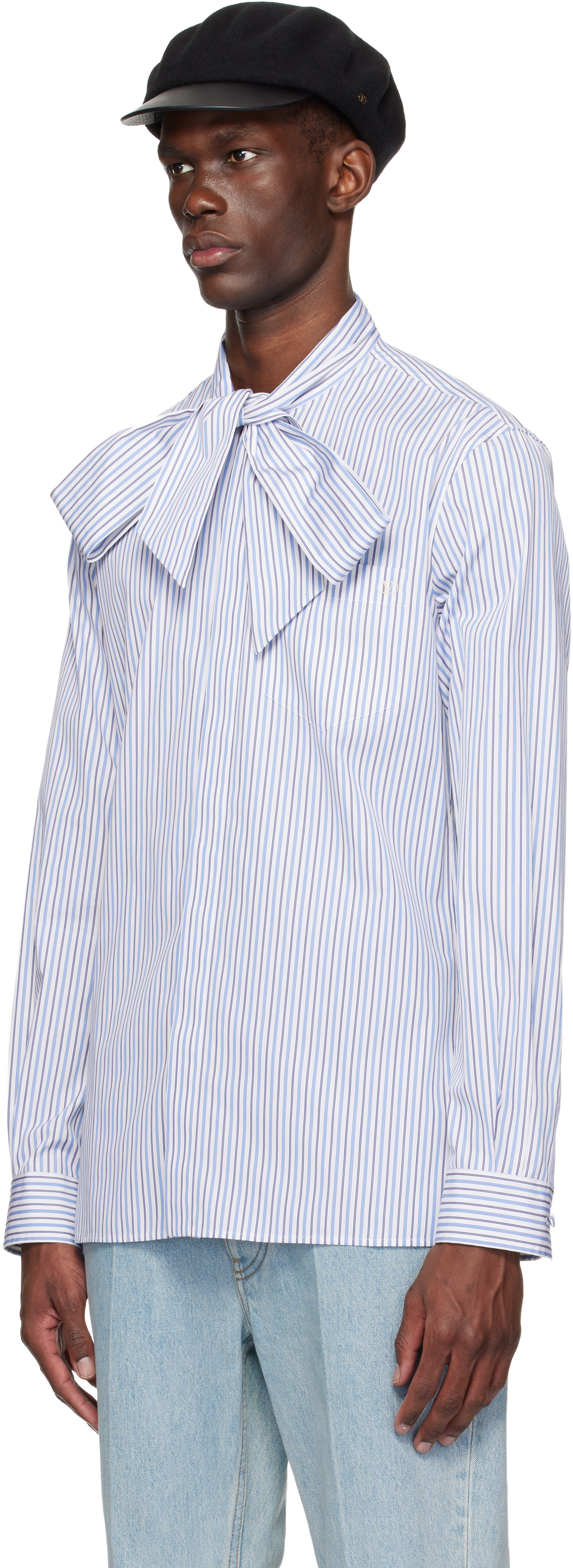 Valentino: Blue & White VLogo Signature Classic Stripe Shirt