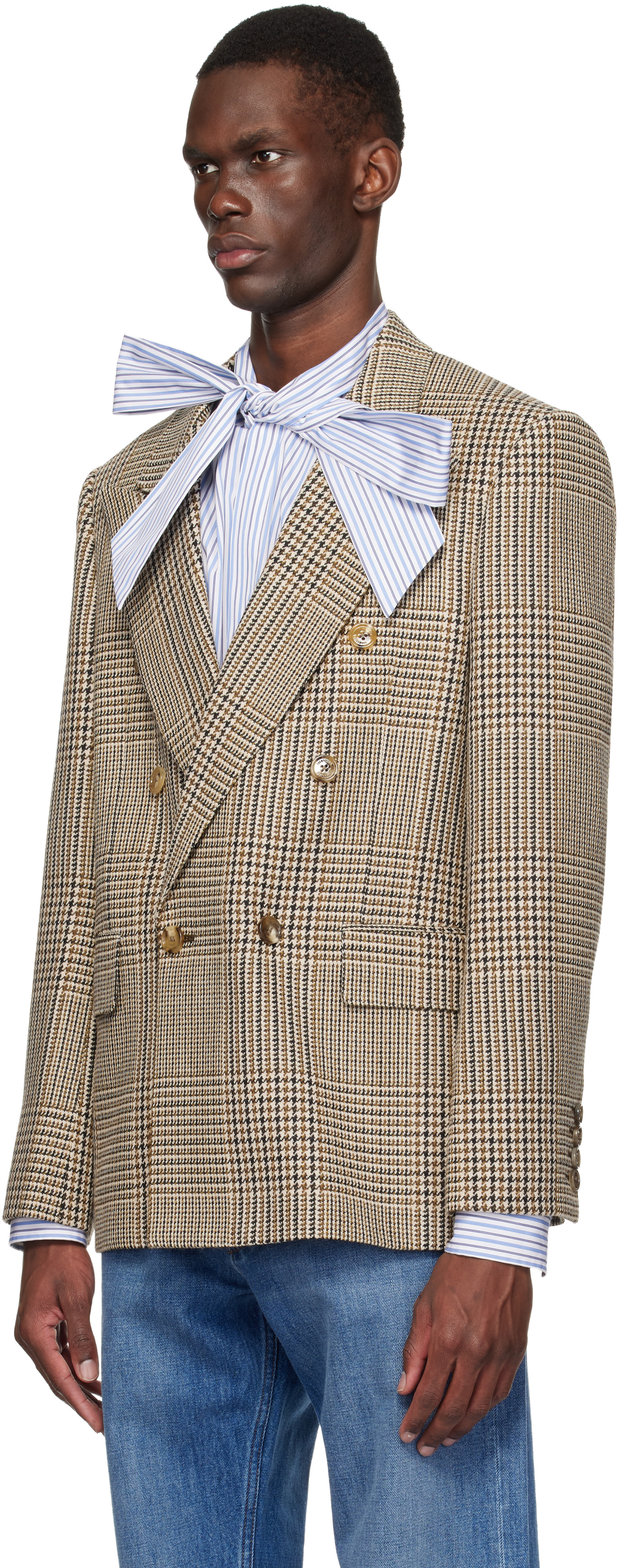 Valentino: Beige Double-Breasted Blazer | SSENSE