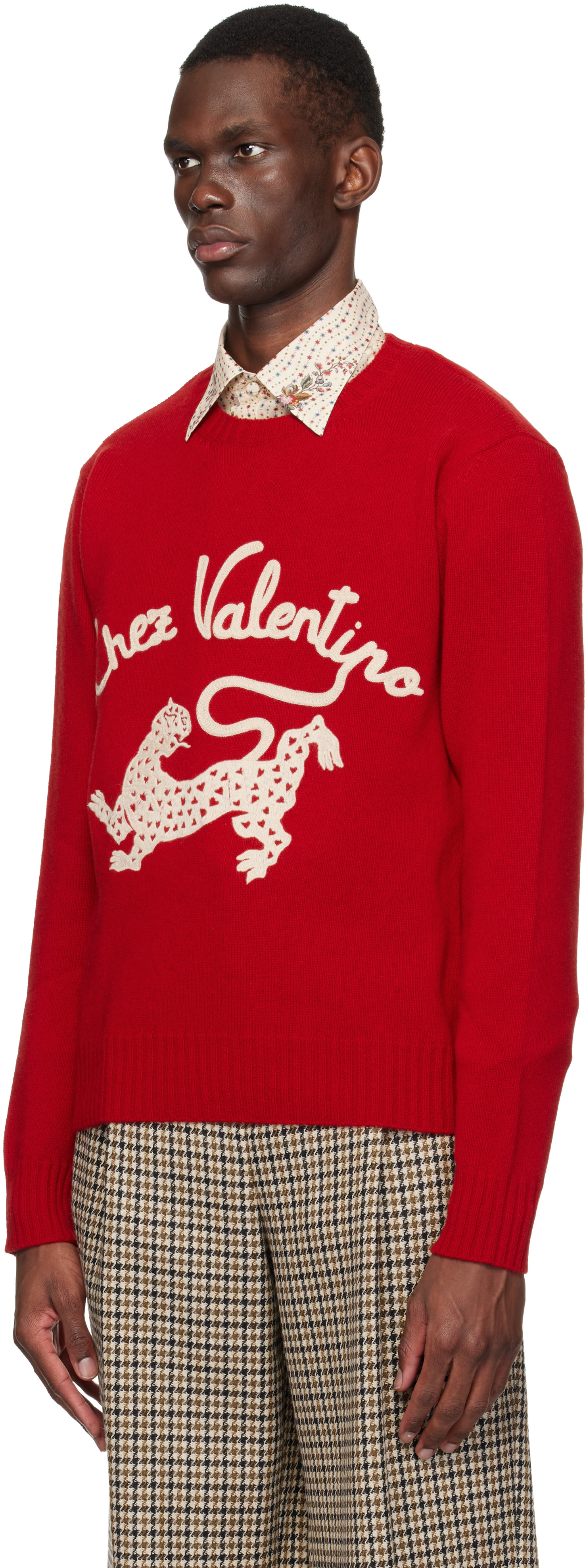 Valentino: Red Wool 'Chez Valentino' Panther Embroidery Sweater