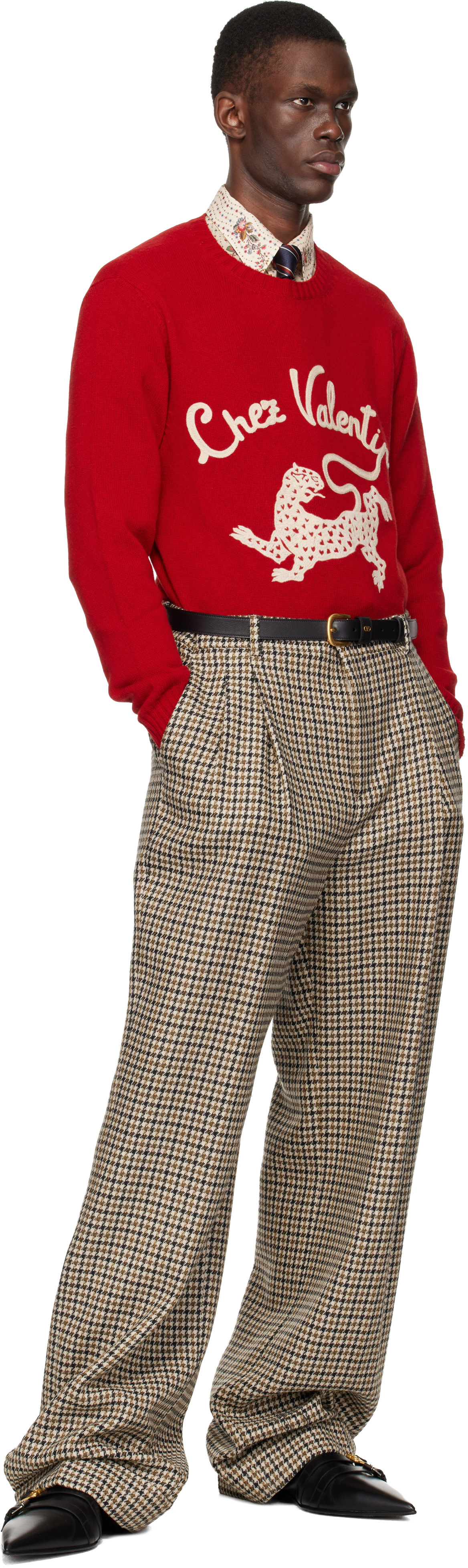 Valentino: Red Wool 'Chez Valentino' Panther Embroidery Sweater