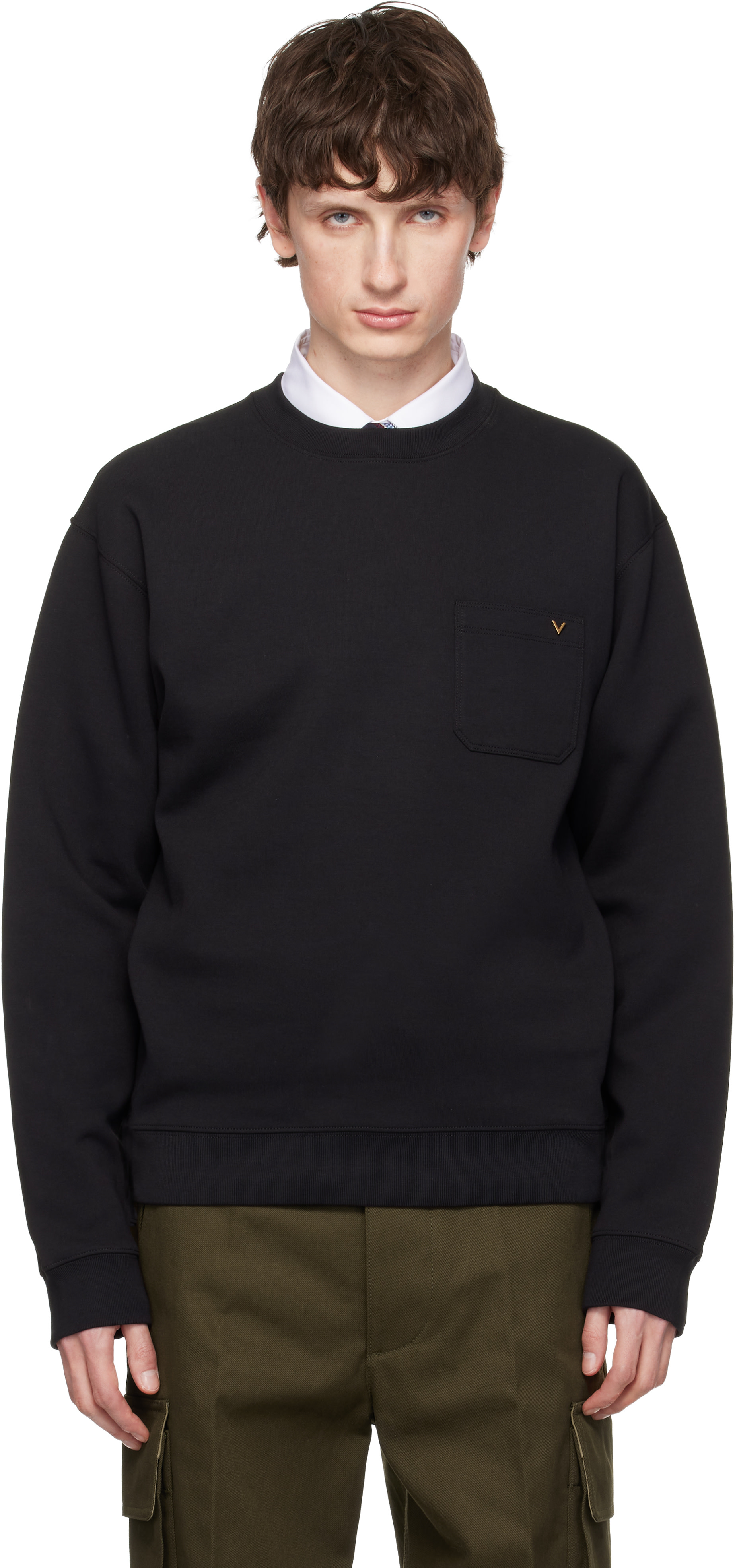 Valentino - Pull molletonné noir en jersey de coton à ferrure en V