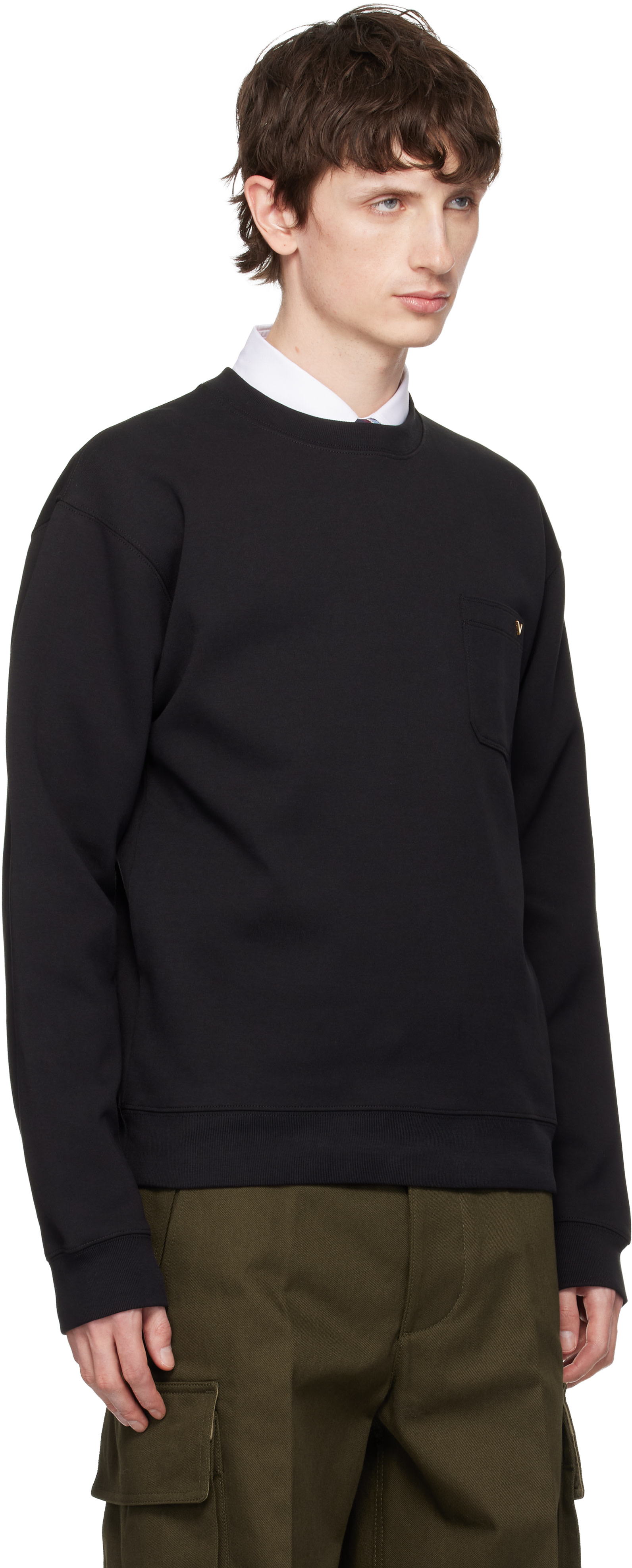 Valentino - Pull molletonné noir en jersey de coton à ferrure en V