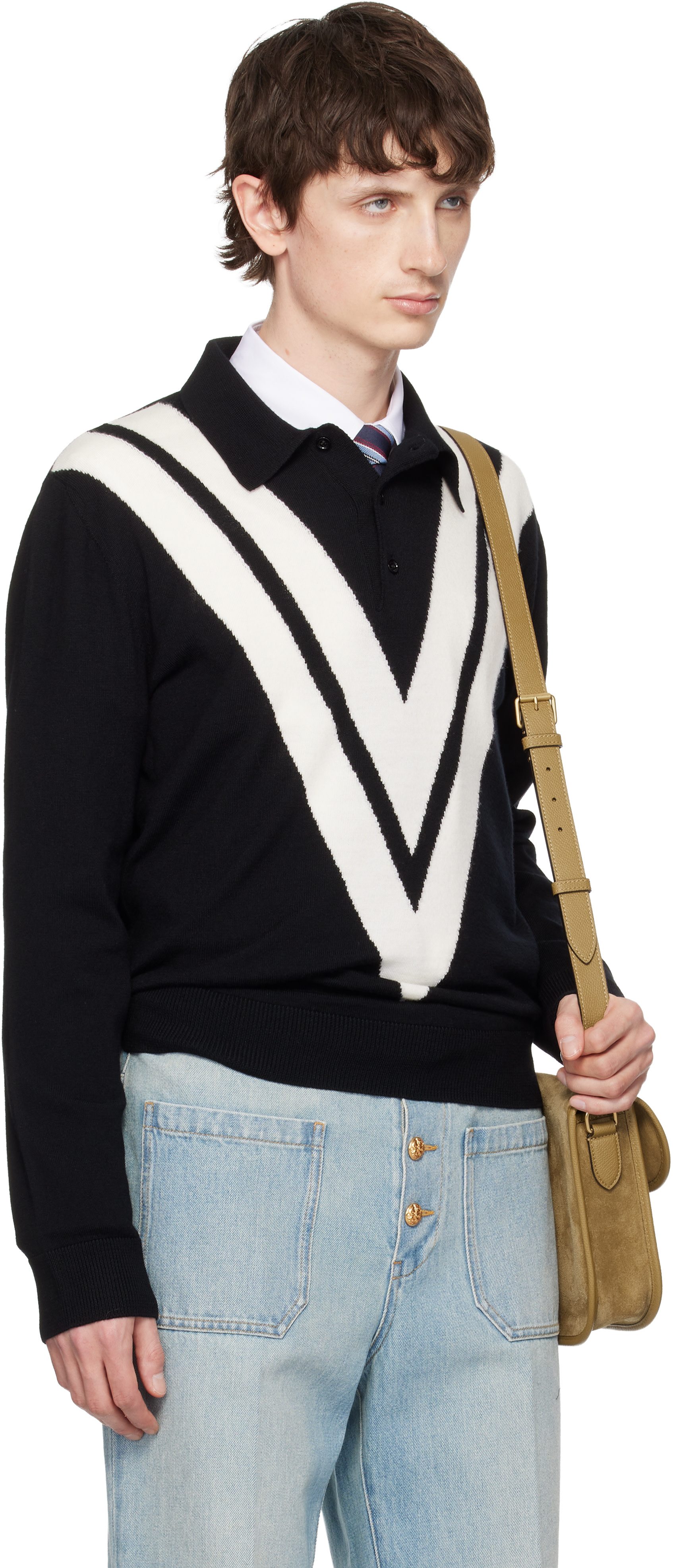 Valentino: Black Knit Wool Logo Polo | SSENSE
