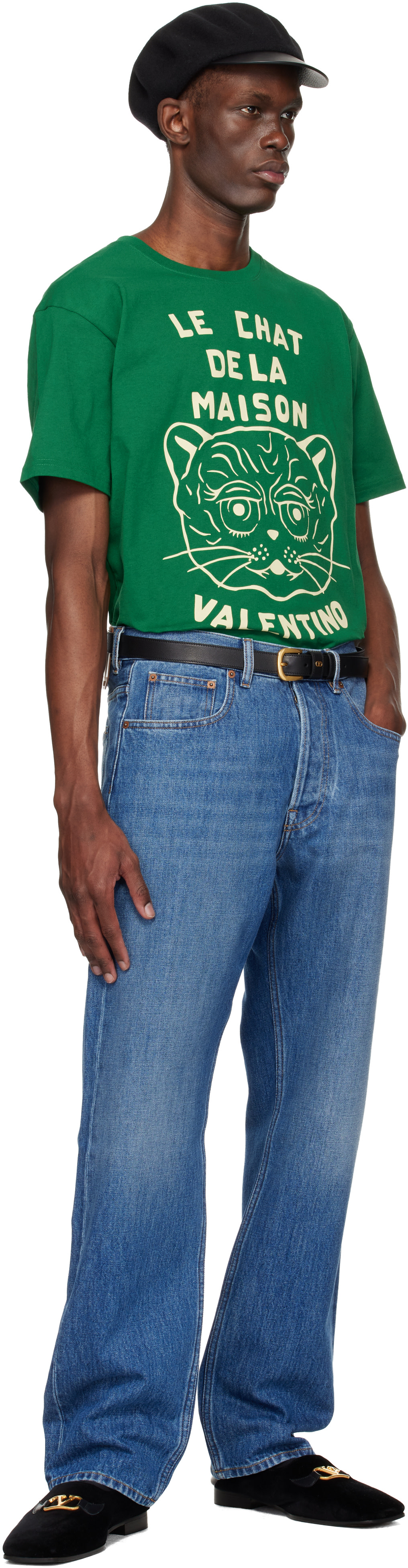 Valentino: Green Cotton 'Le Chat De La Maison' Print T-shirt | SSENSE