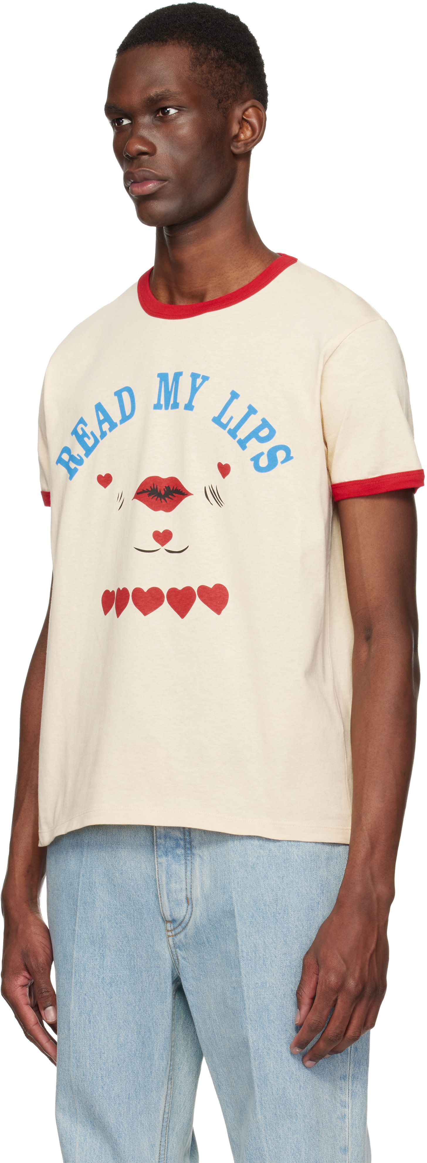 Valentino: オフホワイト 'Read My Lips' Print コットン Tシャツ