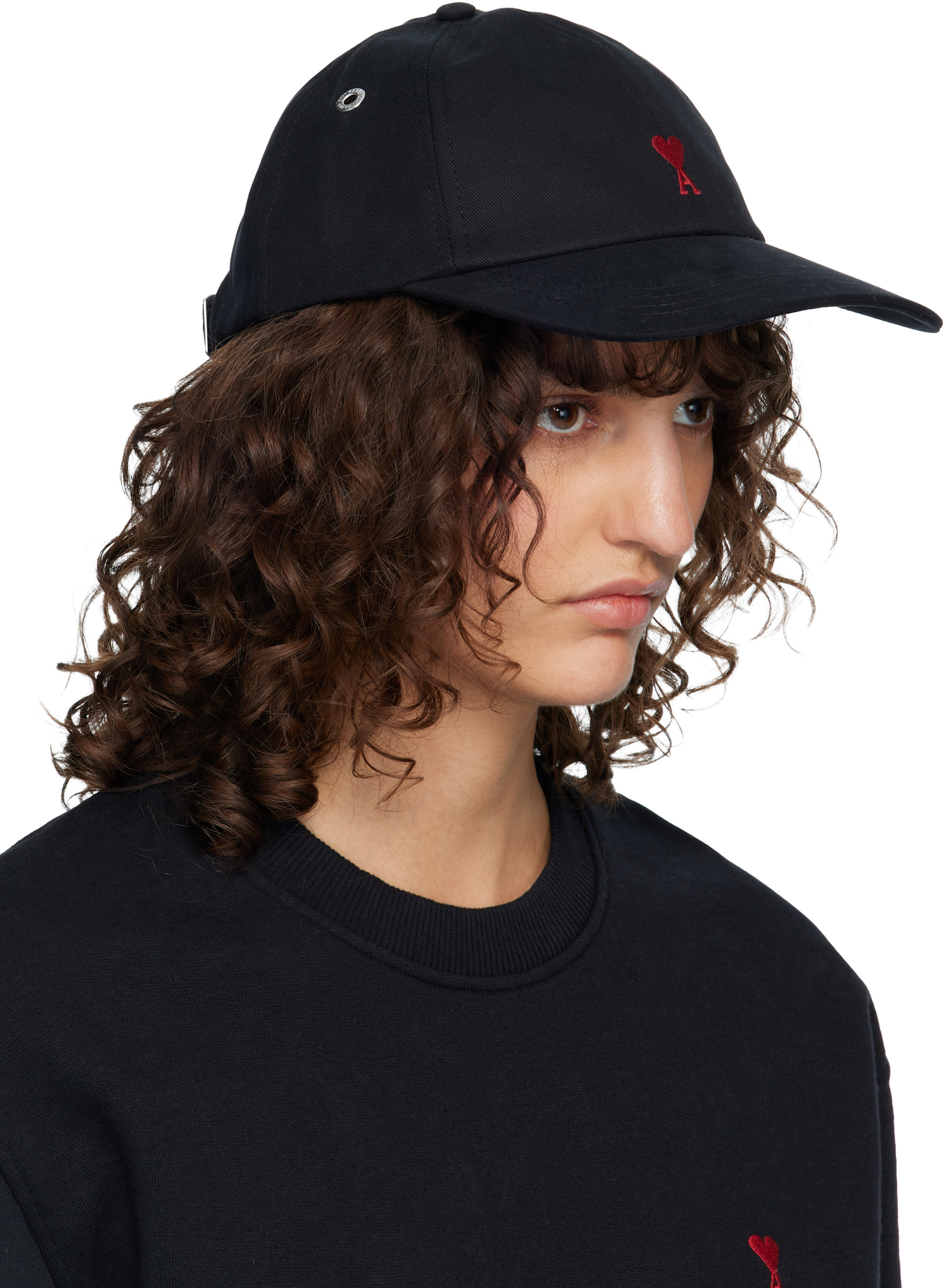 AMI Paris: Black Cotton Ami de Coeur Embroidery Cap | SSENSE