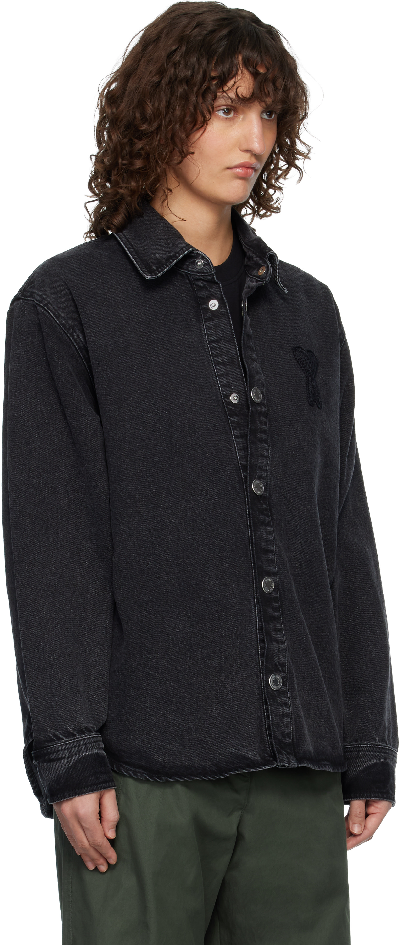 AMI Paris: Black Cotton Knitted Ami de Coeur Denim Overshirt | SSENSE