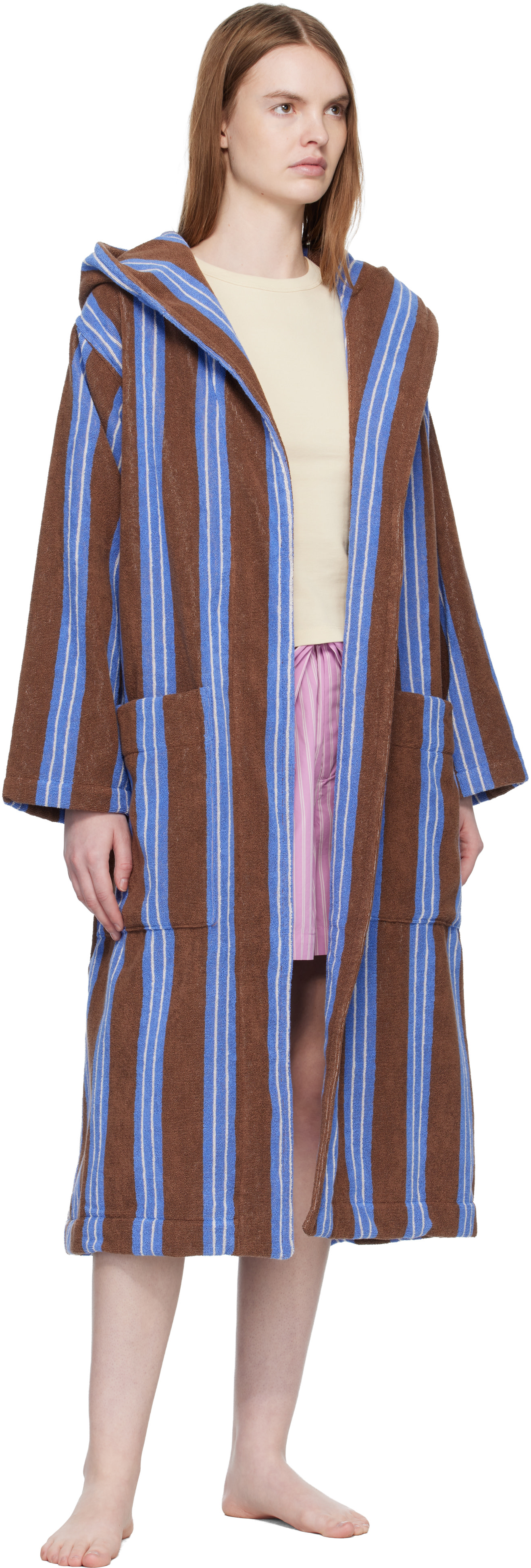 Tekla: Brown & Blue Terry Hooded Bathrobe | SSENSE