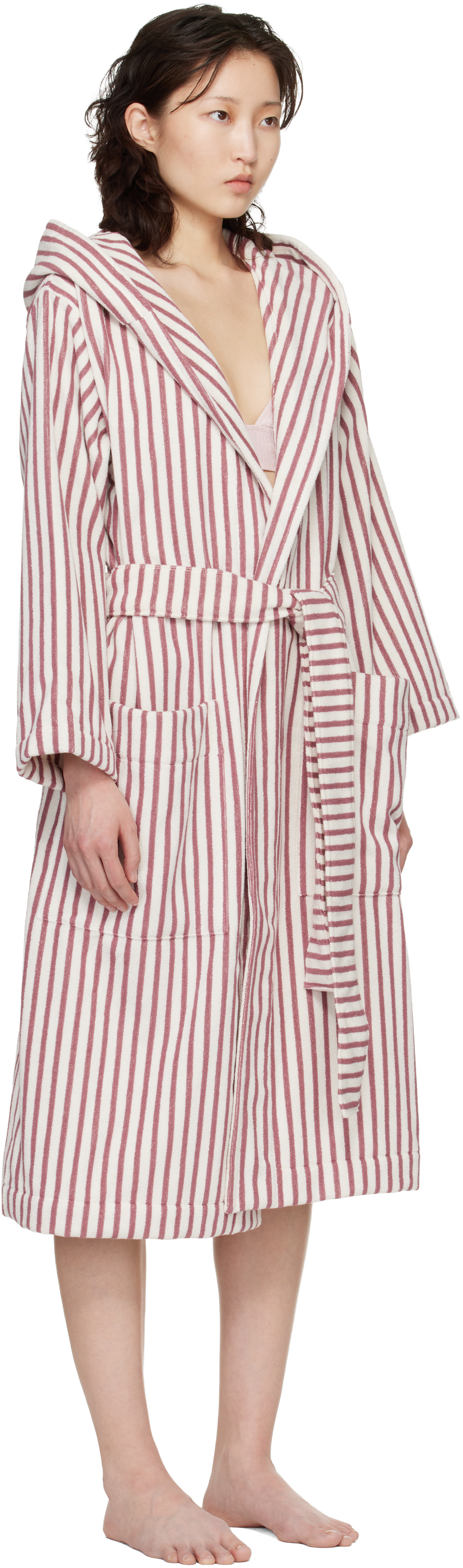 Tekla - White & Red Terry Hooded Bathrobe