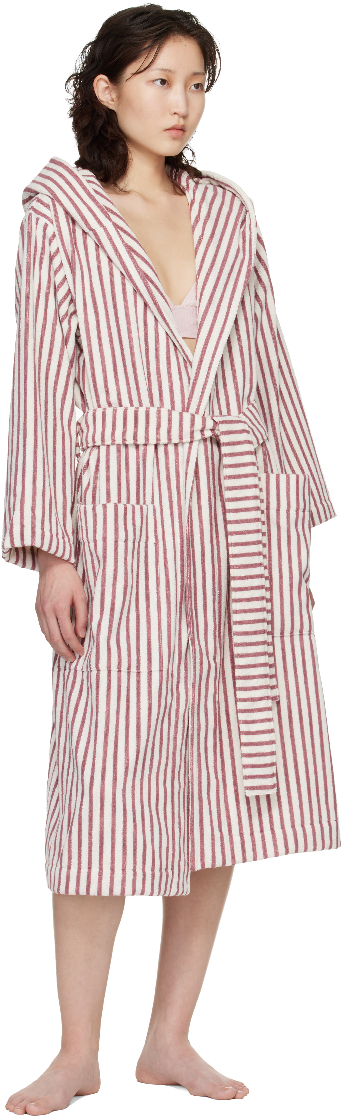 Tekla - White & Red Terry Hooded Bathrobe