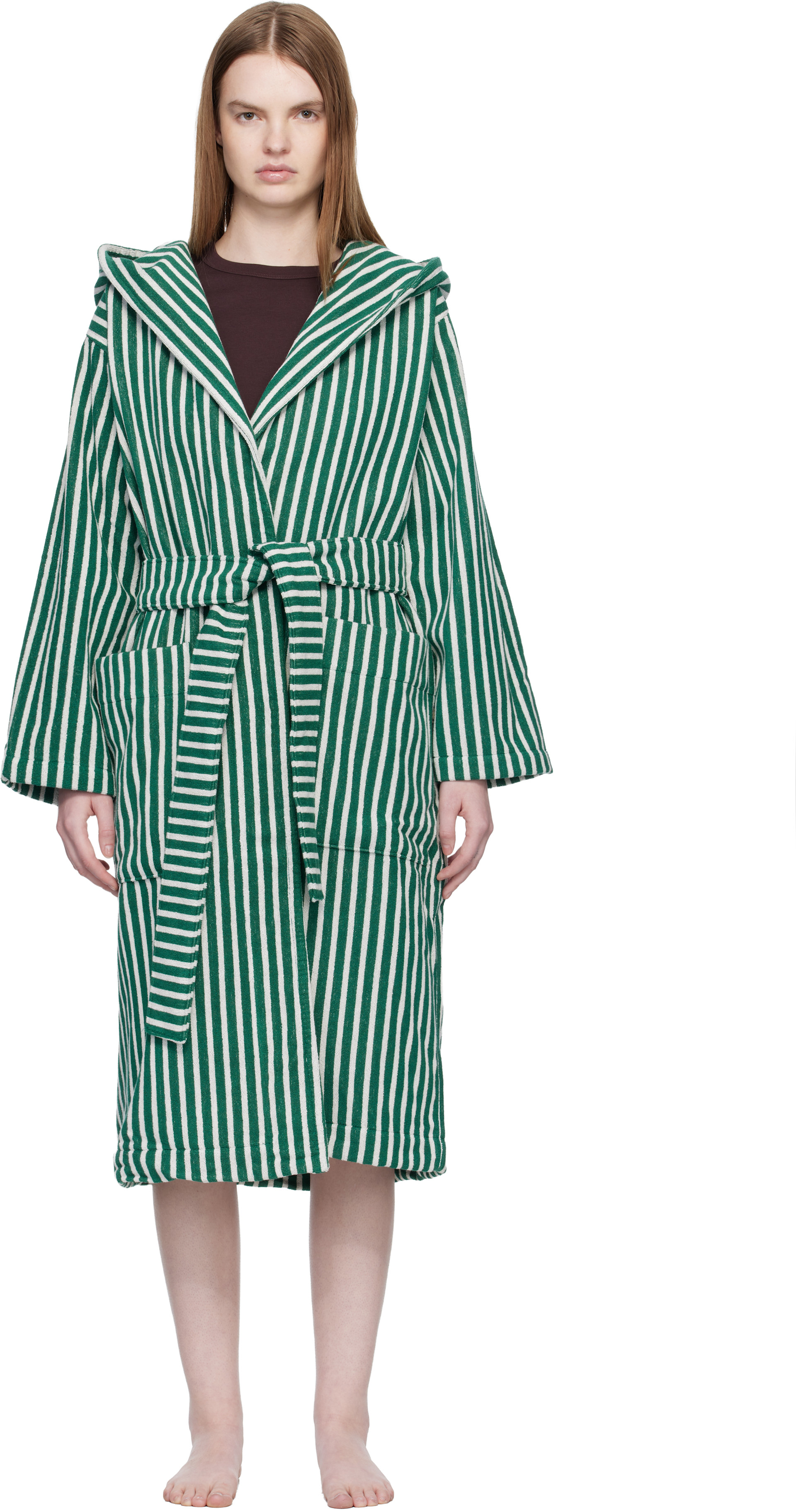 Tekla - Green & White Terry Hooded Bathrobe