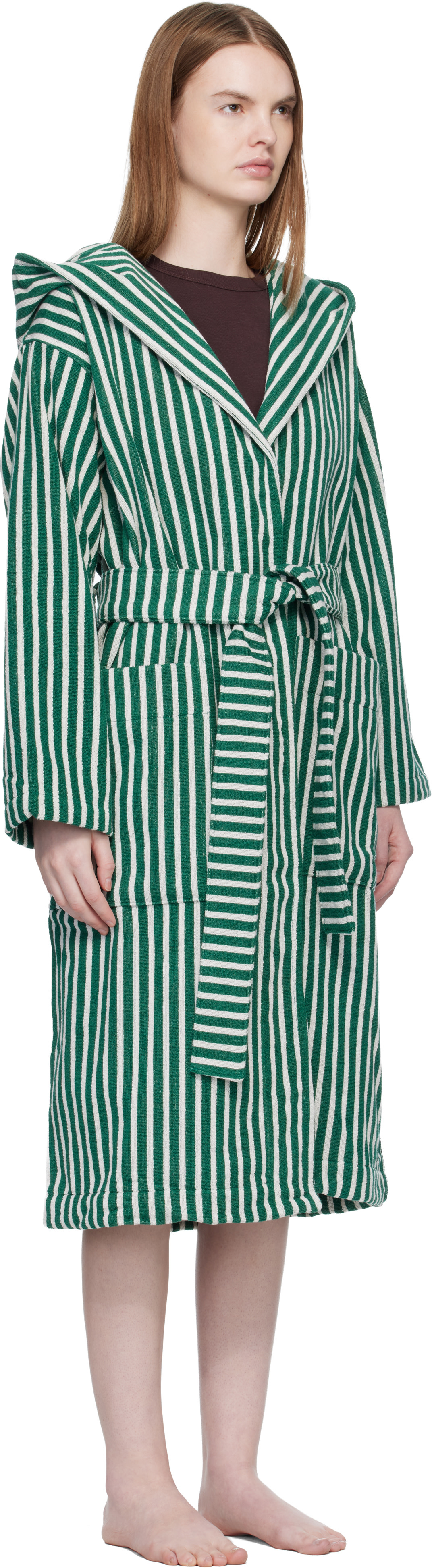 Tekla - Green & White Terry Hooded Bathrobe
