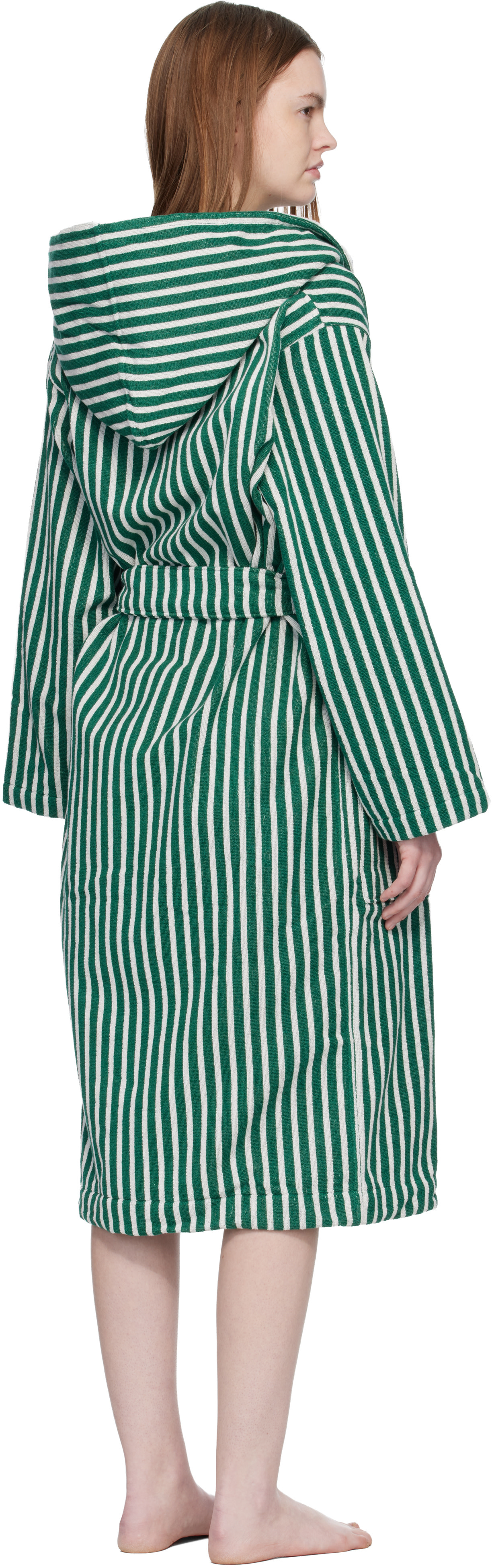 Tekla - Green & White Terry Hooded Bathrobe