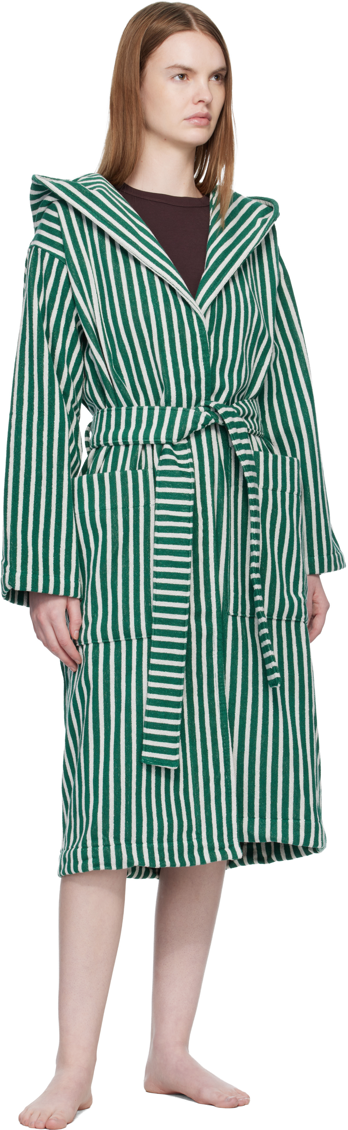 Tekla - Green & White Terry Hooded Bathrobe