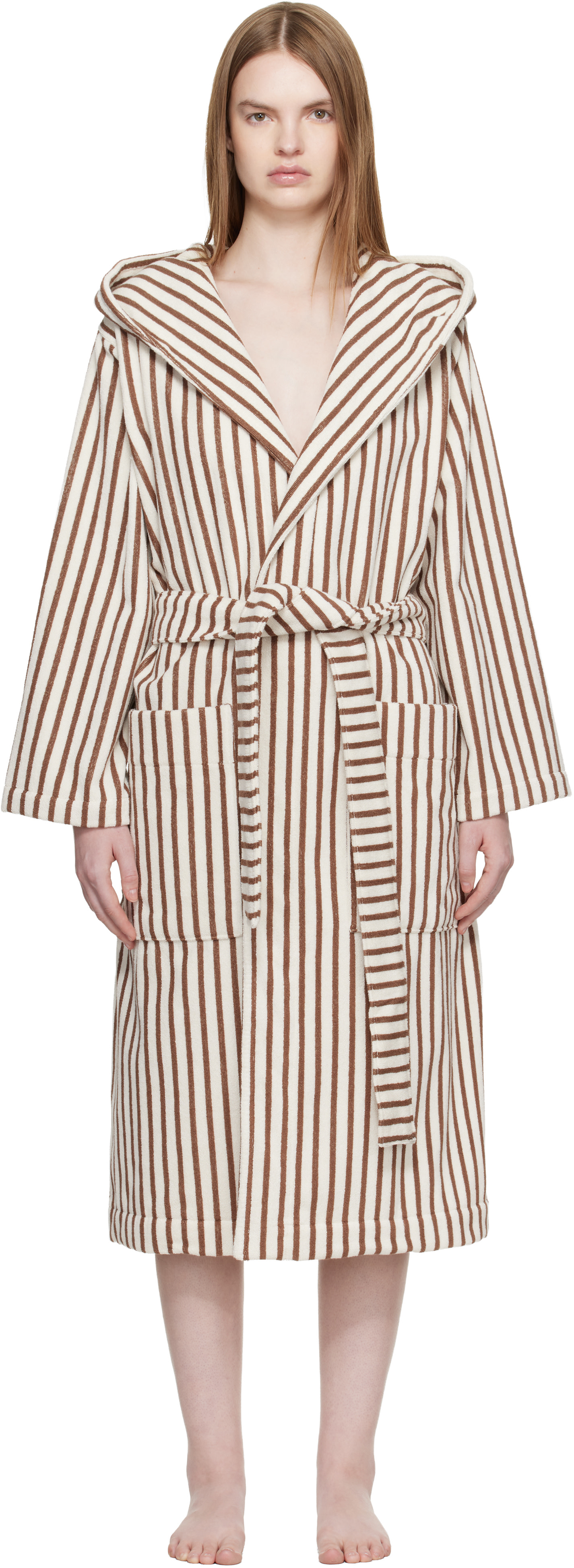 Tekla: Off White & Brown Terry Hooded Bathrobe | SSENSE