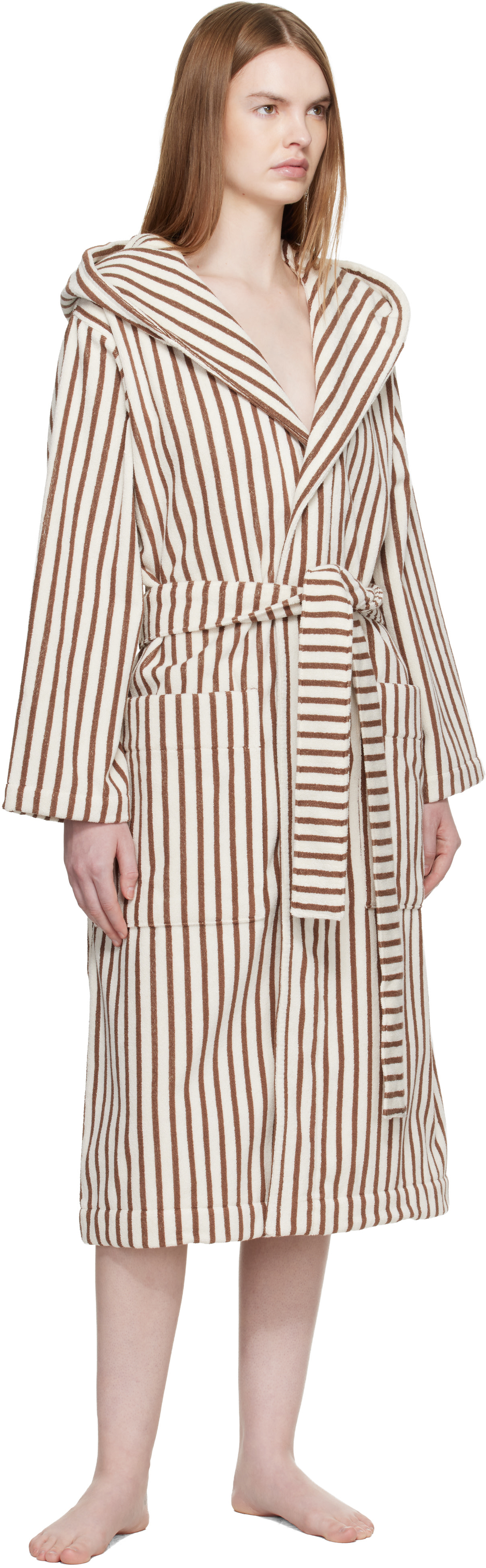 Tekla - Off White & Brown Terry Hooded Bathrobe