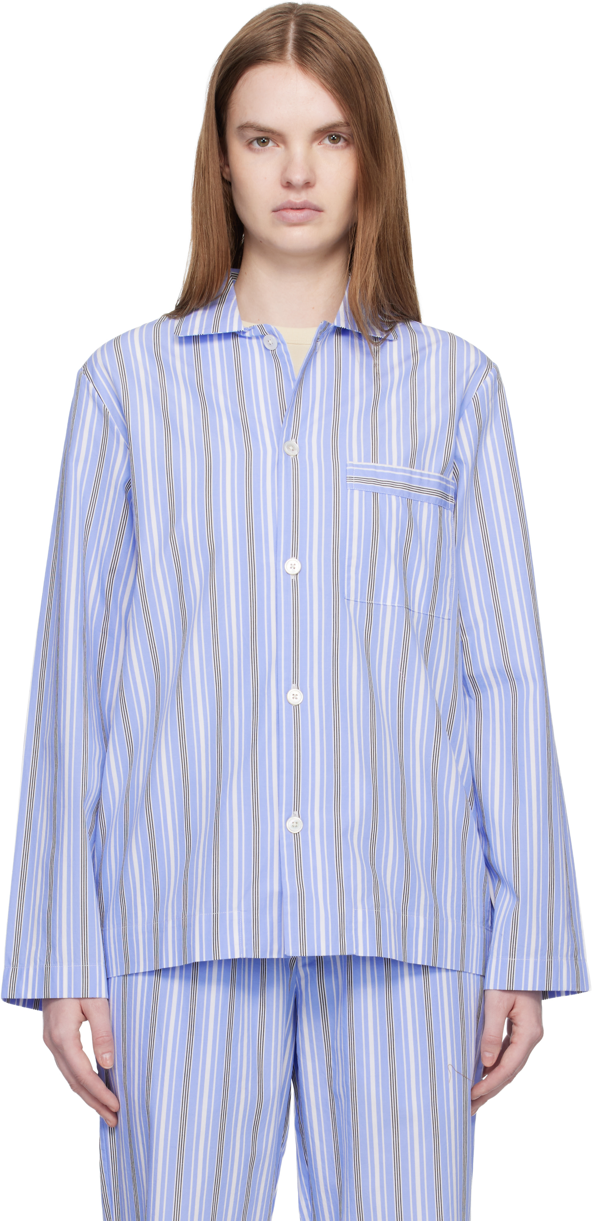 Tekla: Blue & White Poplin Long-Sleeved Pyjama Shirt | SSENSE