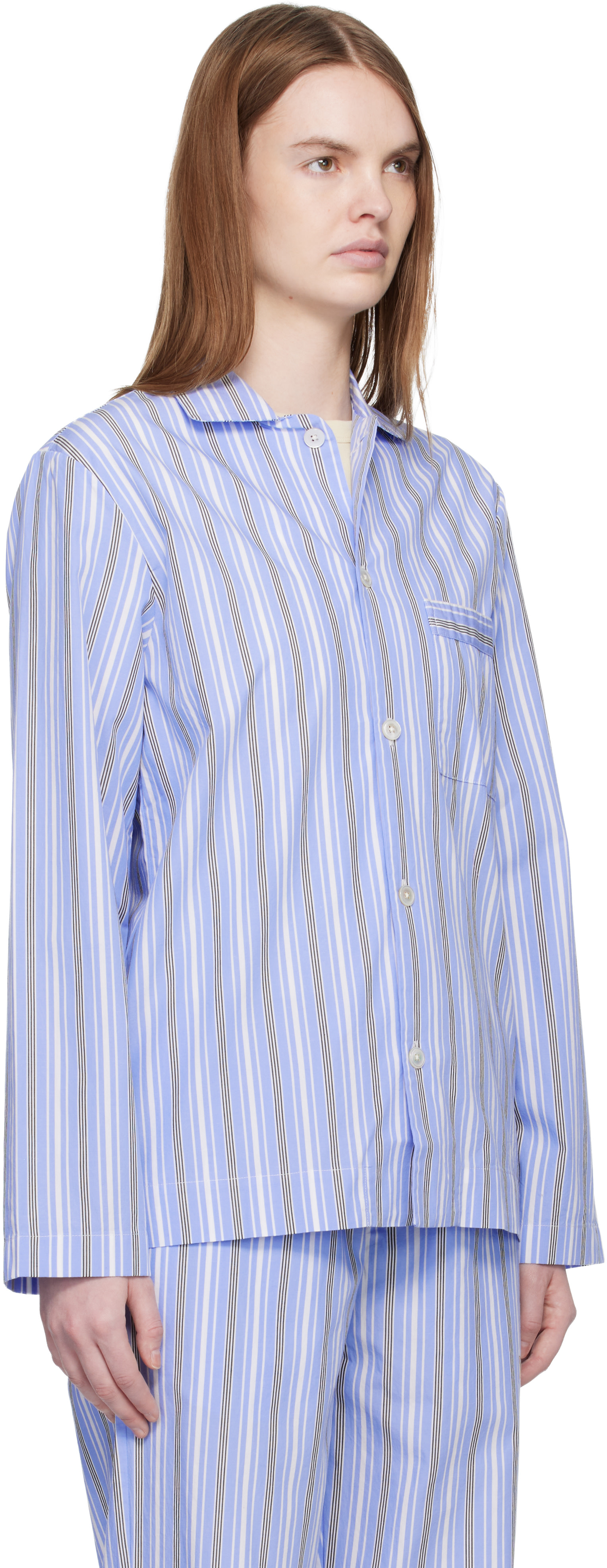 Tekla: Blue & White Poplin Long-Sleeved Pyjama Shirt | SSENSE