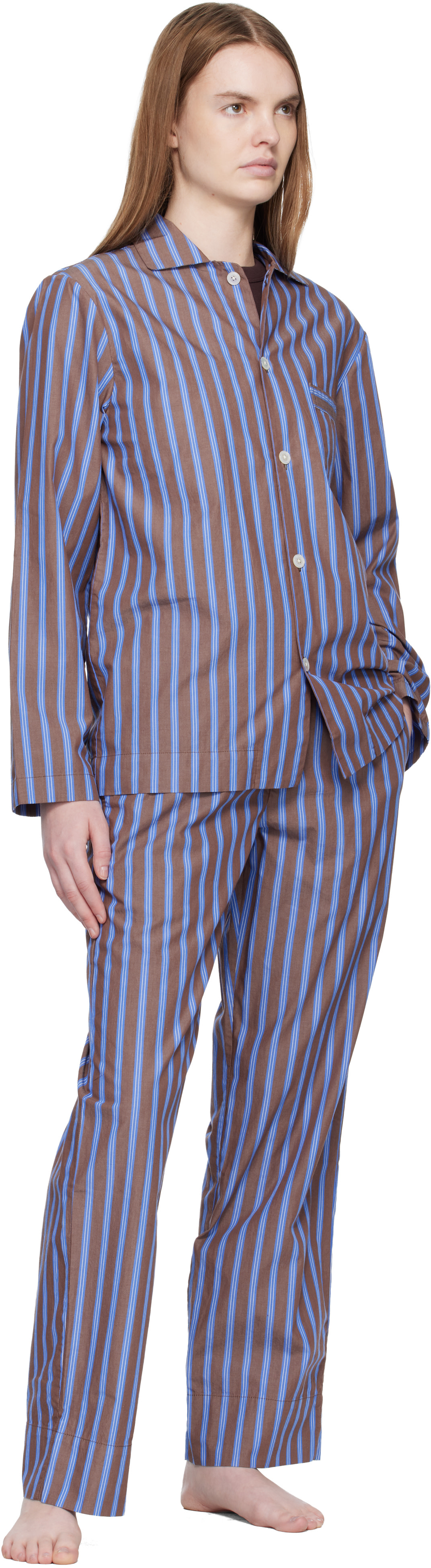 Tekla: Brown & Blue Poplin Pyjama Pants | SSENSE
