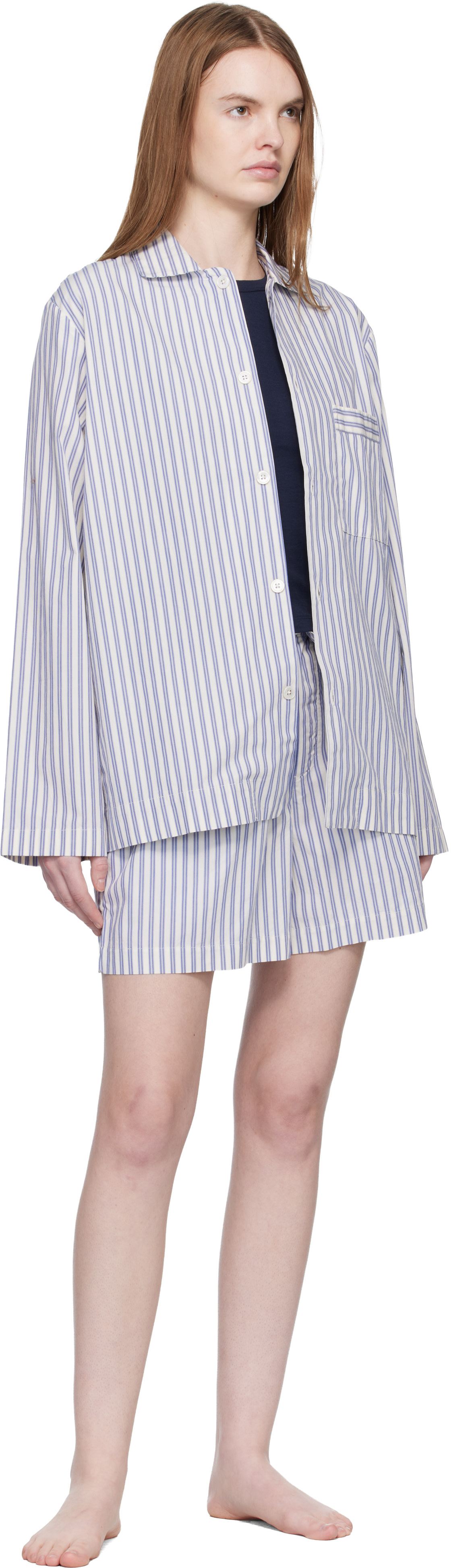 Tekla - Short de pyjama blanc et bleu en popeline