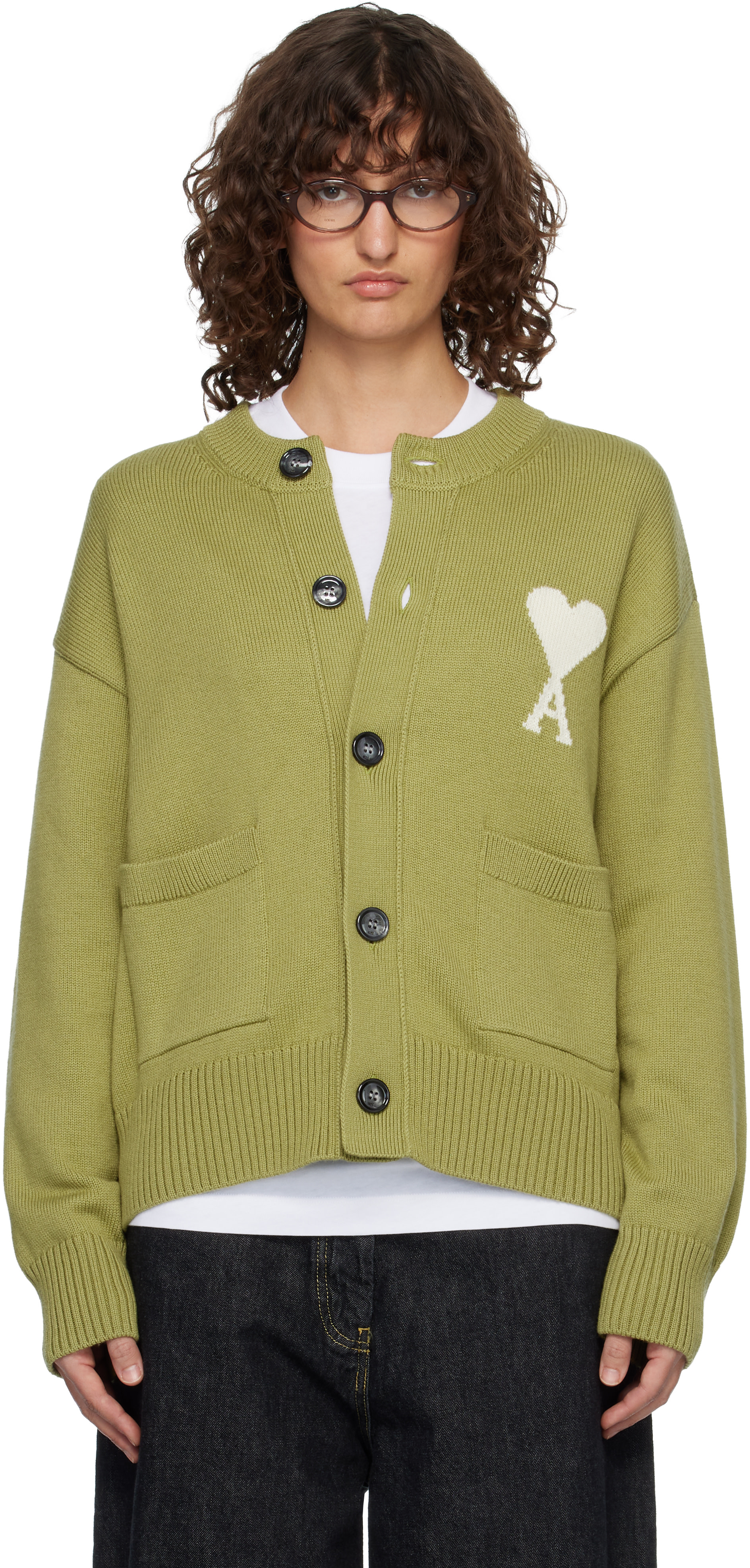 AMI Paris: Green Wool Crewneck Ami de Coeur Cardigan | SSENSE