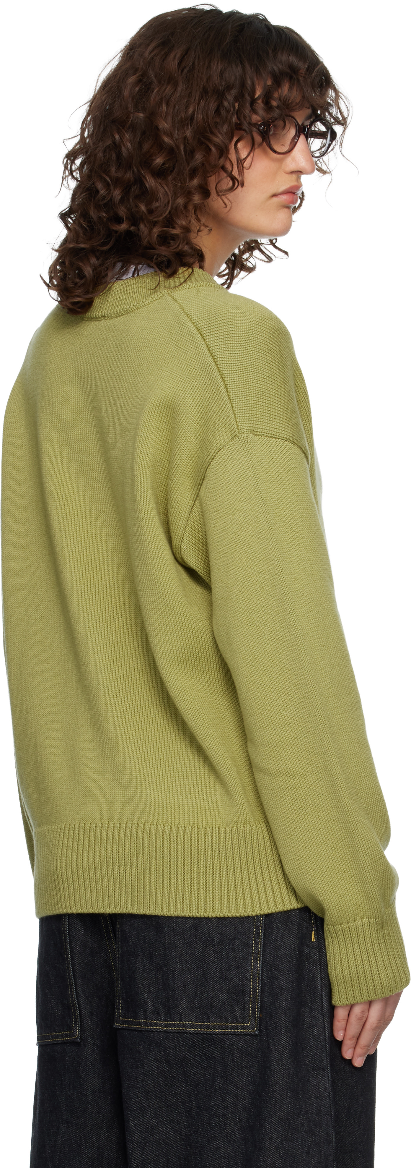 AMI Paris: Green Wool Crewneck Ami de Coeur Cardigan | SSENSE