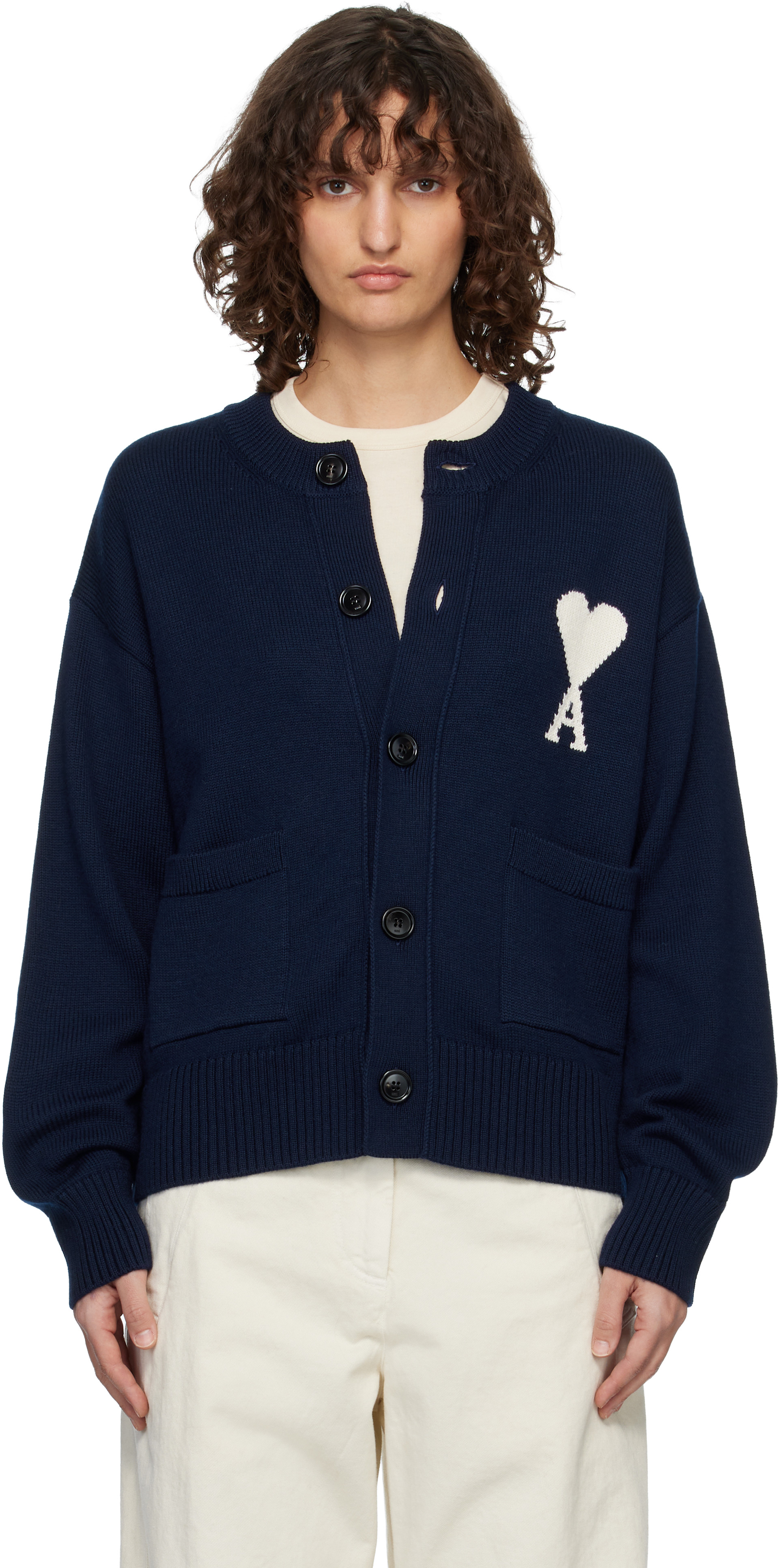 AMI Paris: Navy Wool Crewneck Ami de Coeur Cardigan | SSENSE Canada