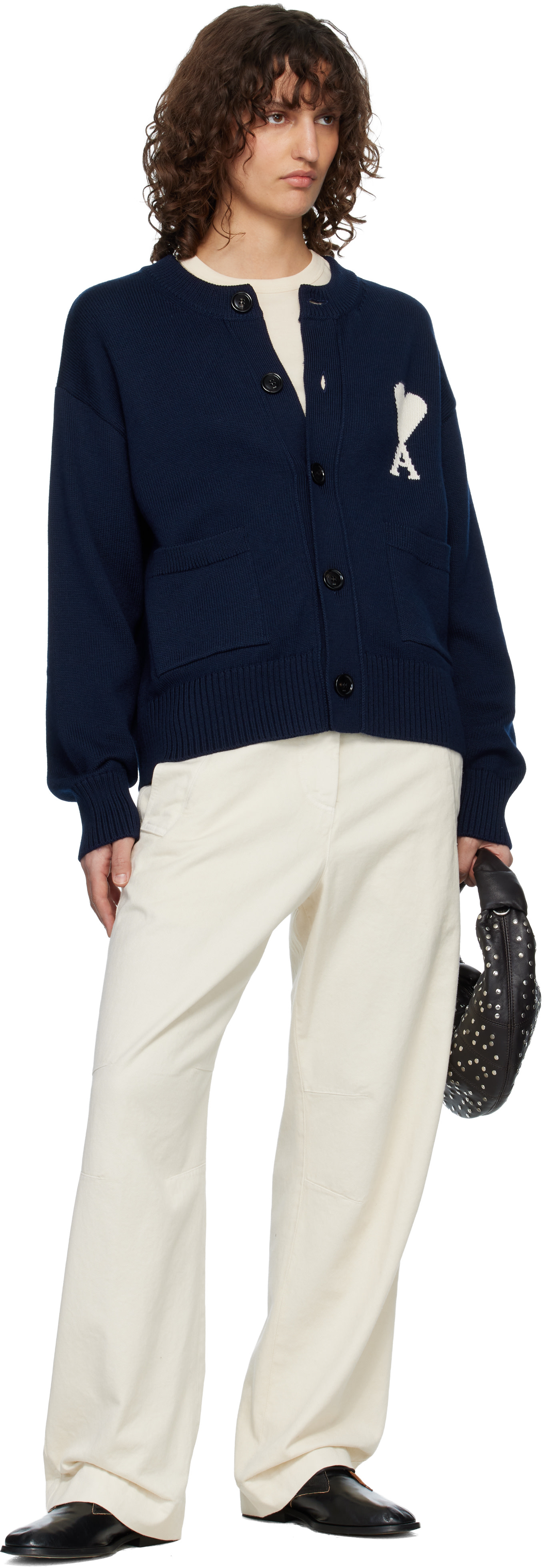 AMI Paris: ネイビー Ami de Coeur ウール クルーネック カーディガン