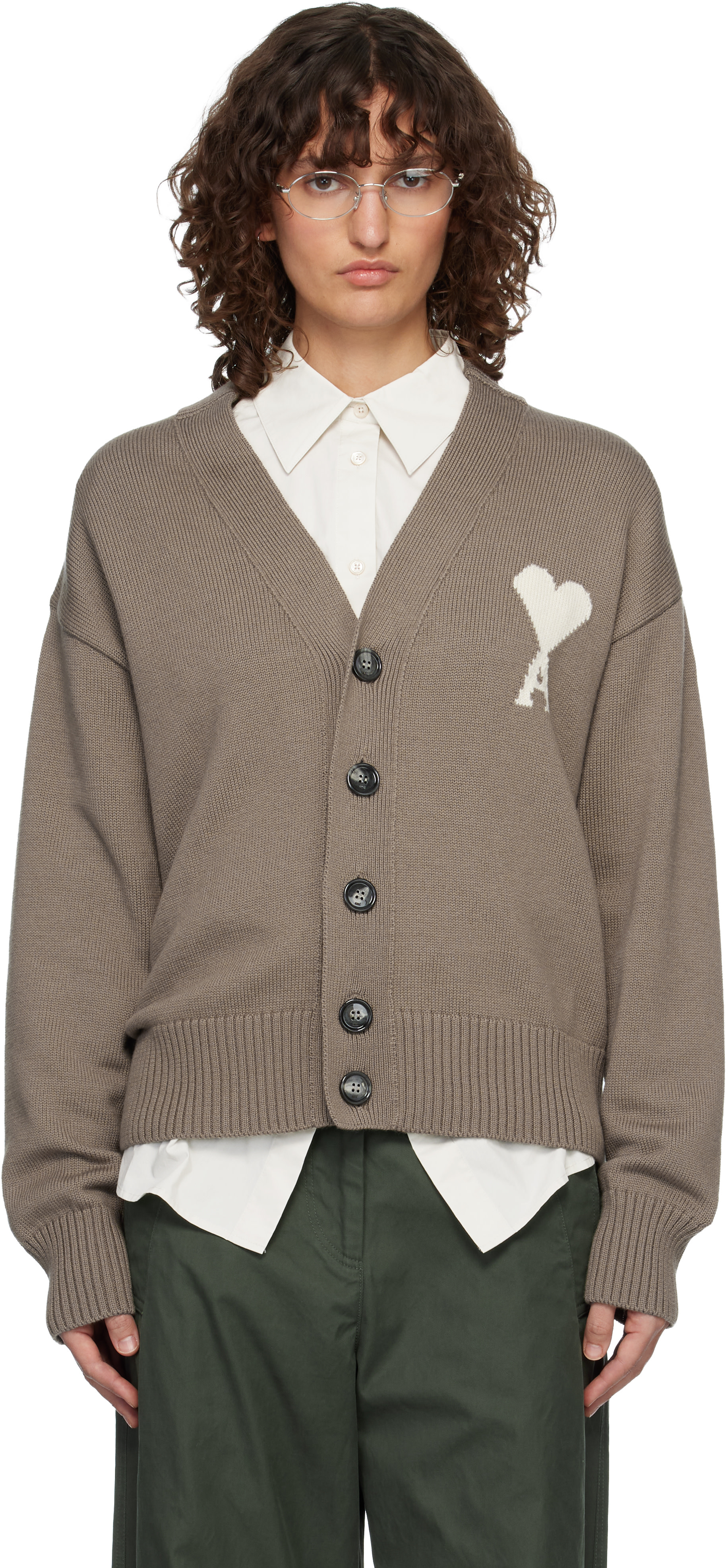 AMI Paris: Taupe Wool Ami de Coeur Cardigan | SSENSE