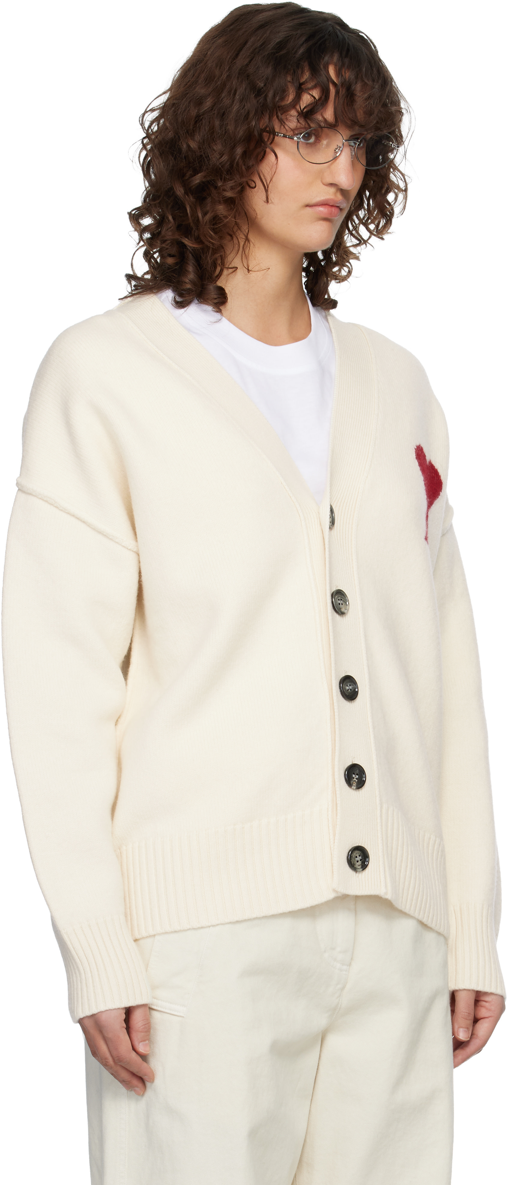 AMI Paris: Off-White Wool Ami de Coeur Cardigan | SSENSE