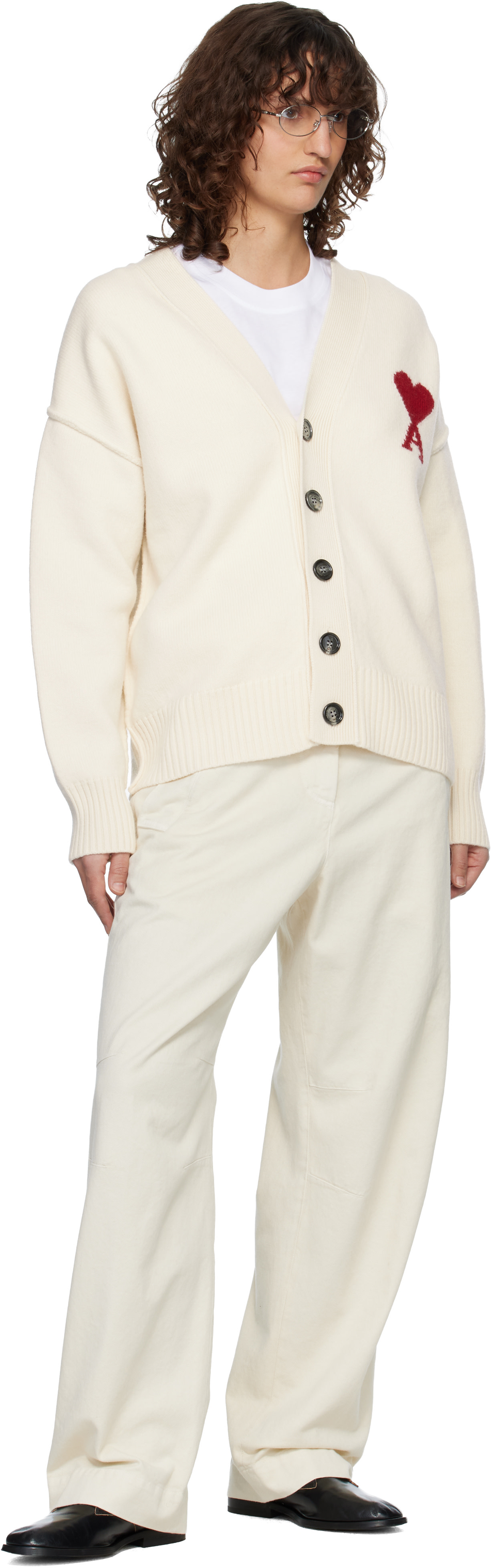 AMI Paris: Off-White Wool Ami de Coeur Cardigan | SSENSE