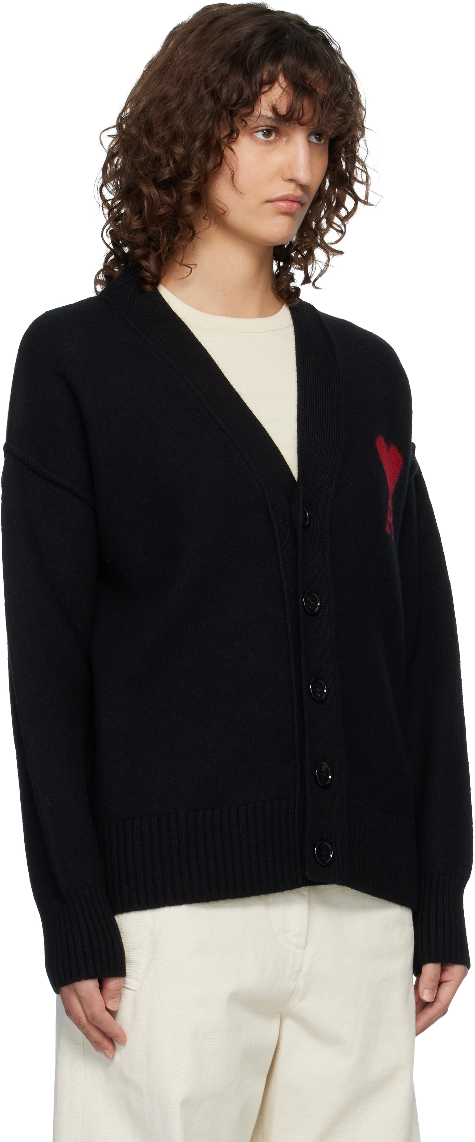 AMI Paris: Black Wool Ami de Coeur Cardigan | SSENSE