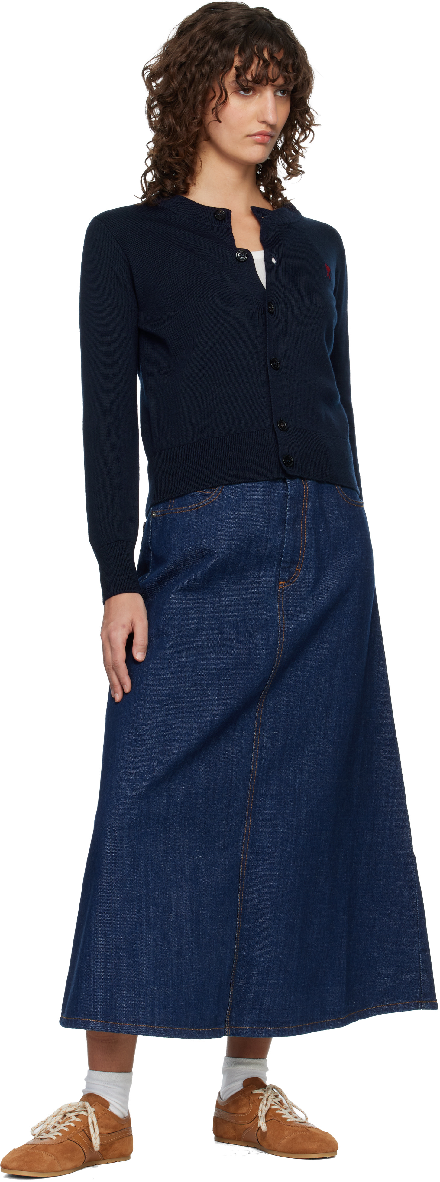 AMI Paris: Navy Wool Crewneck Ami de Coeur Cardigan | SSENSE