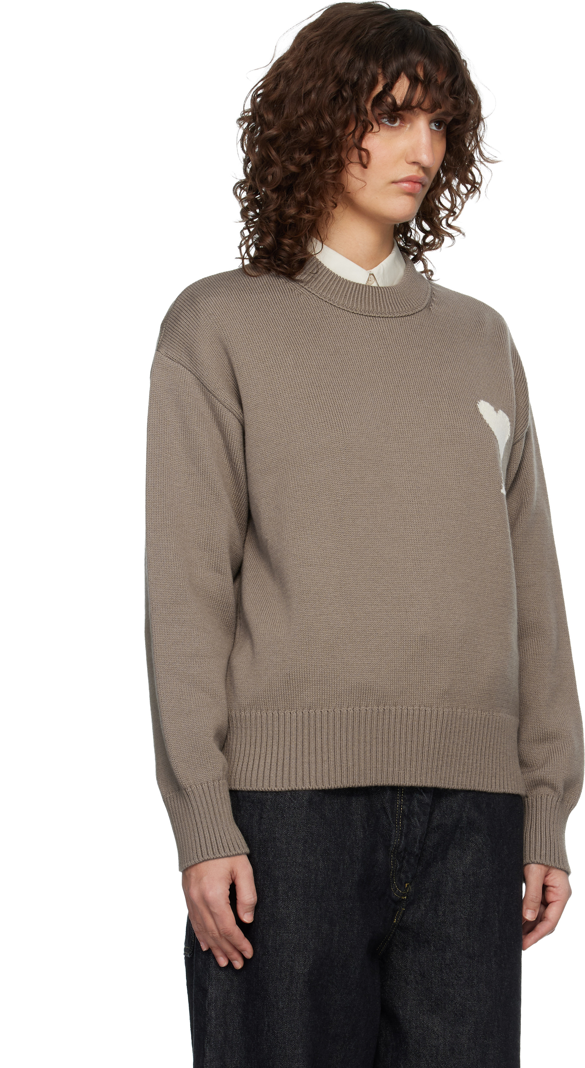 AMI Paris: Taupe Wool & Cotton Crewneck Ami de Coeur Sweater | SSENSE