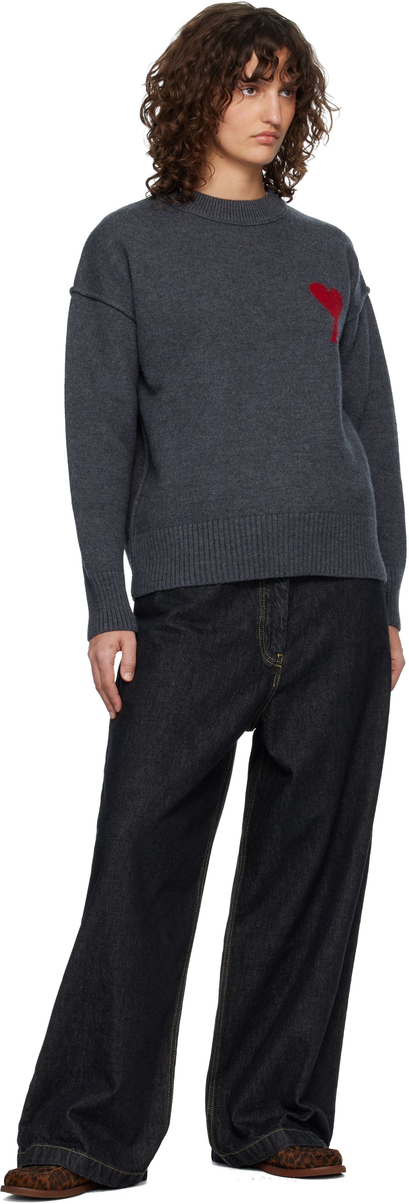 AMI Paris: Gray Wool Crewneck Ami de Coeur Sweater | SSENSE