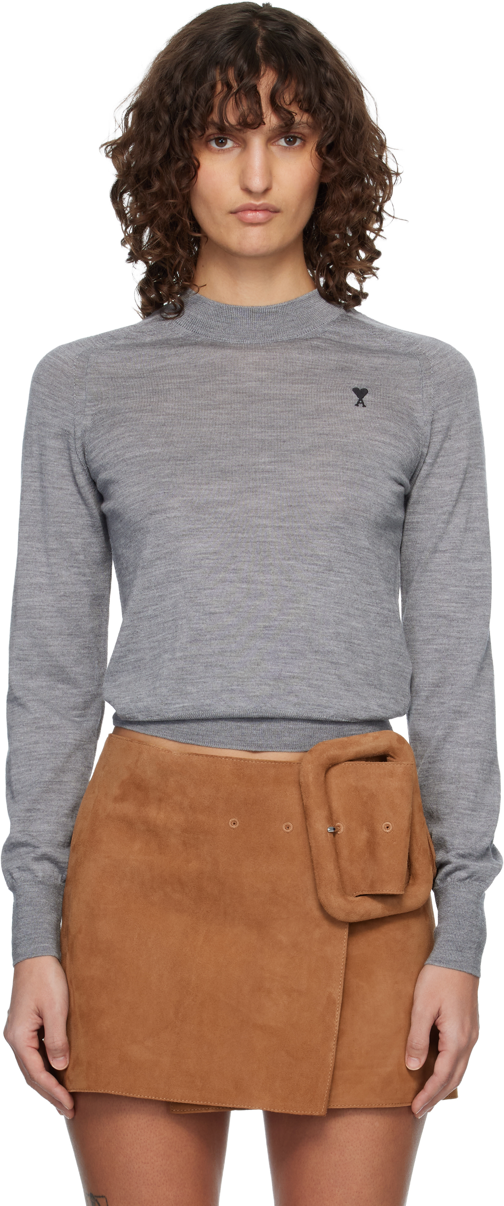 AMI Paris: Gray Wool Crewneck Ami de Coeur Sweater | SSENSE