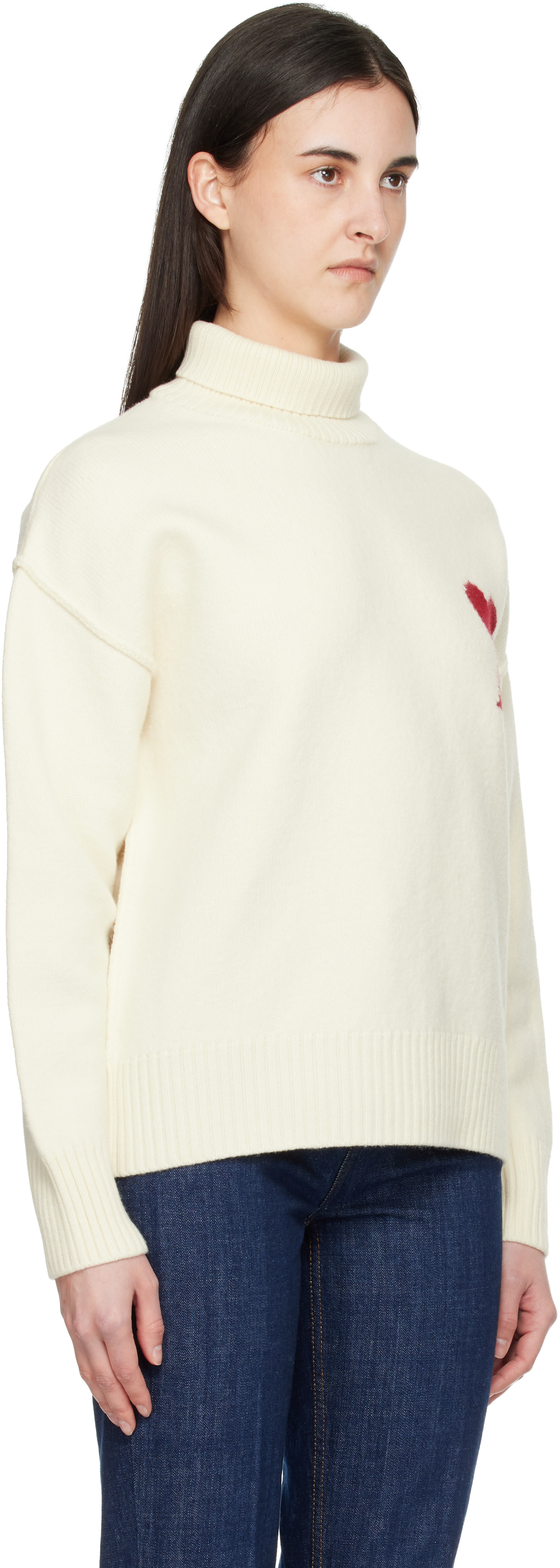 AMI Paris: Off-White Contrasted Ami de Coeur Funnel Neck Sweater