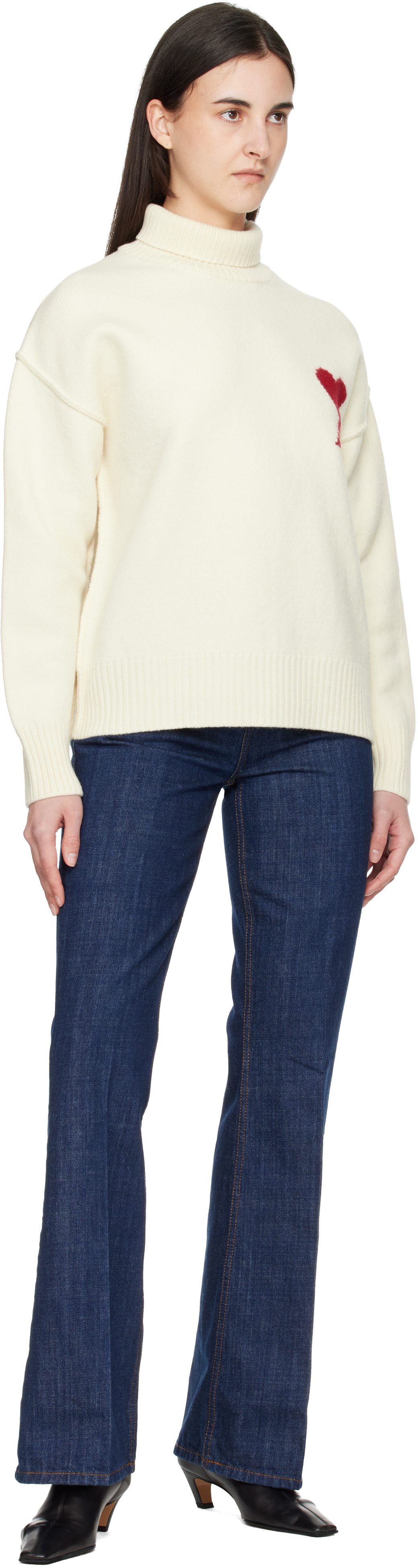 AMI paris ホワイトウールAMI DE COEURファネルネックセーター AMI Paris: オフホワイト Contrasted Ami de Coeur ファネルネック