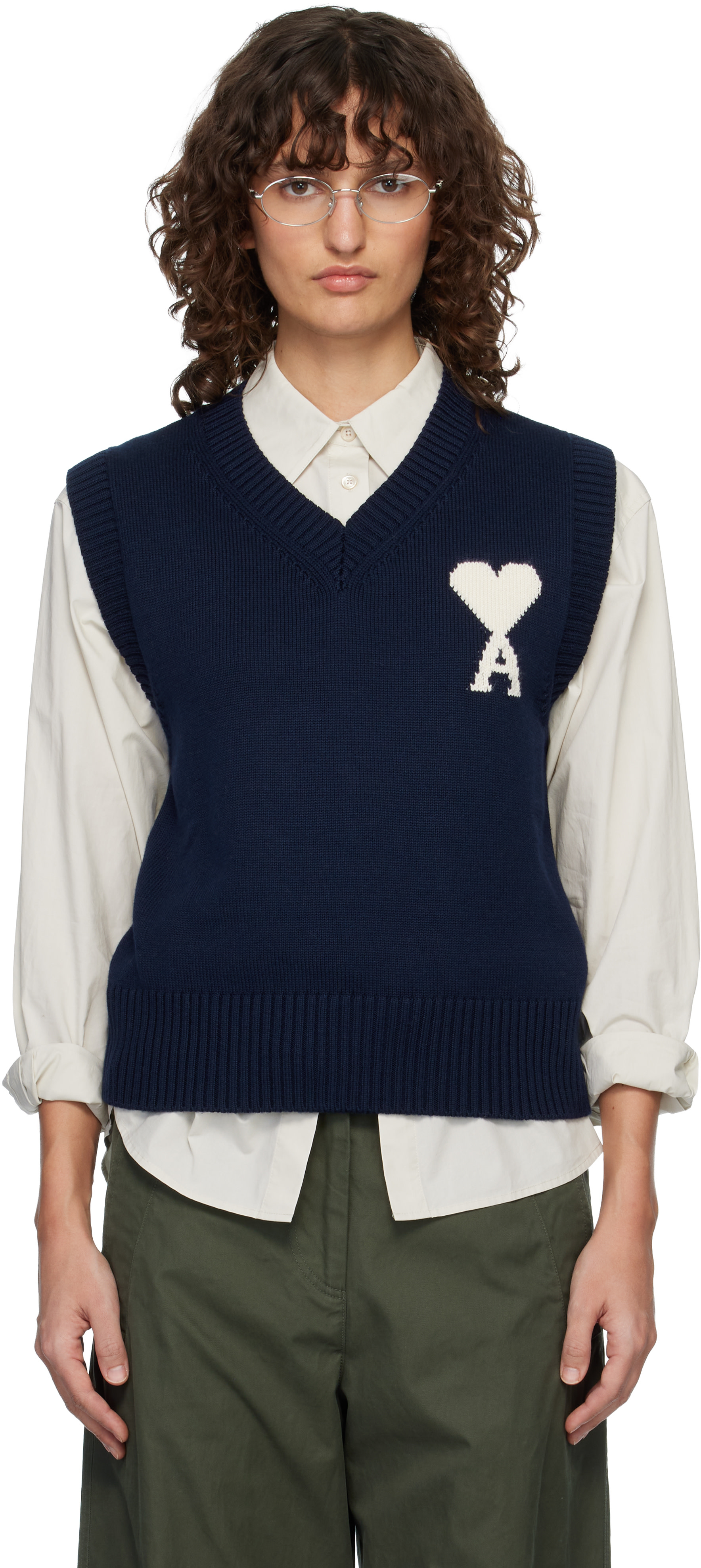 本物　AMI Paris Ami de Coeur ニットベスト AMI Paris: Navy Wool & Cotton Sleeveless Ami de Coeur Vest | SSENSE