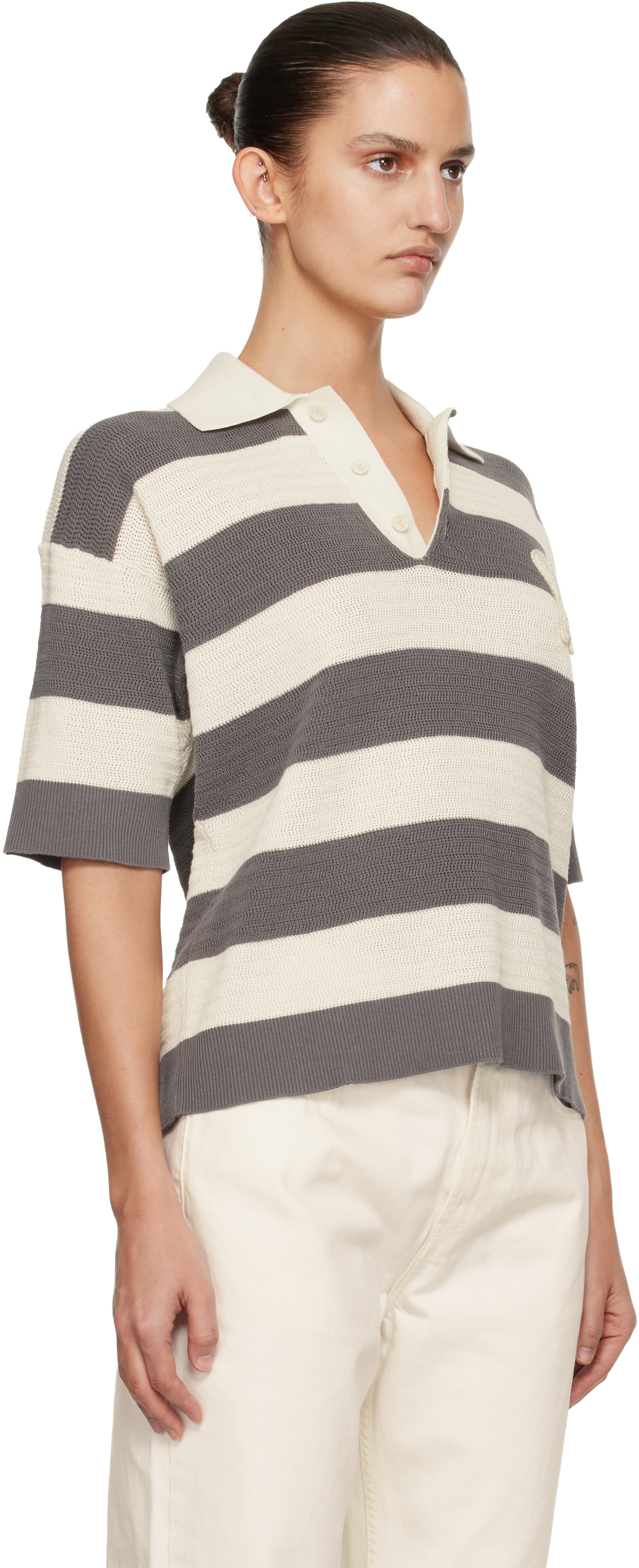 AMI Paris: Off-White & Gray Short Sleeves 'Ami de Coeur' Polo | SSENSE