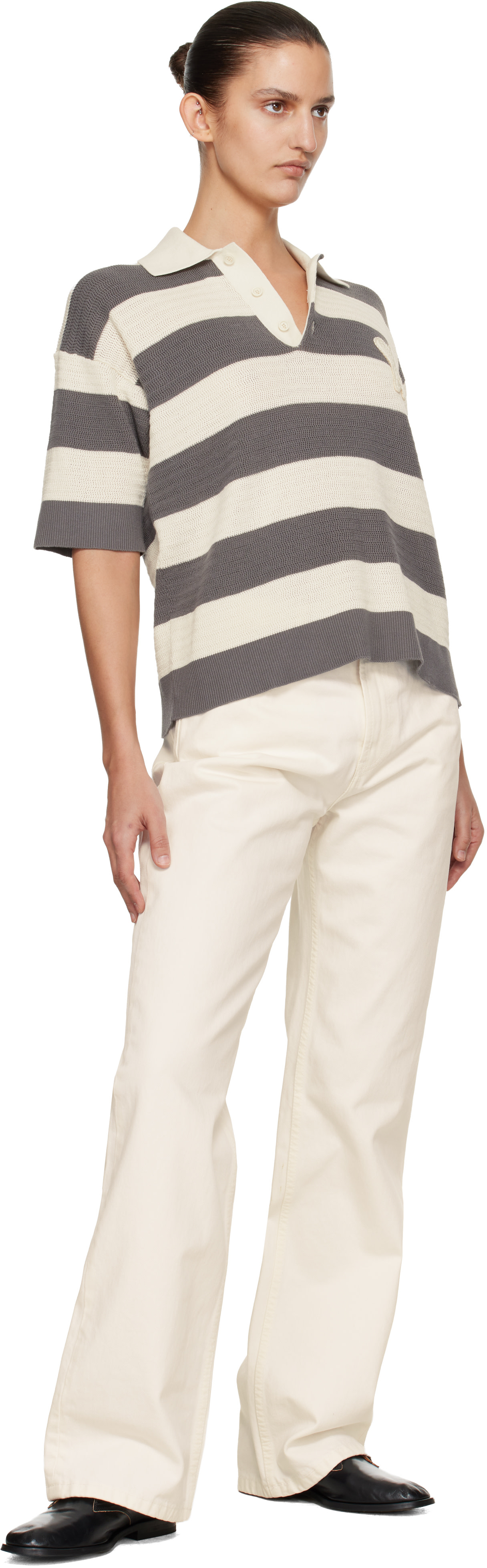 AMI Paris: Off-White & Gray Short Sleeves 'Ami de Coeur' Polo | SSENSE