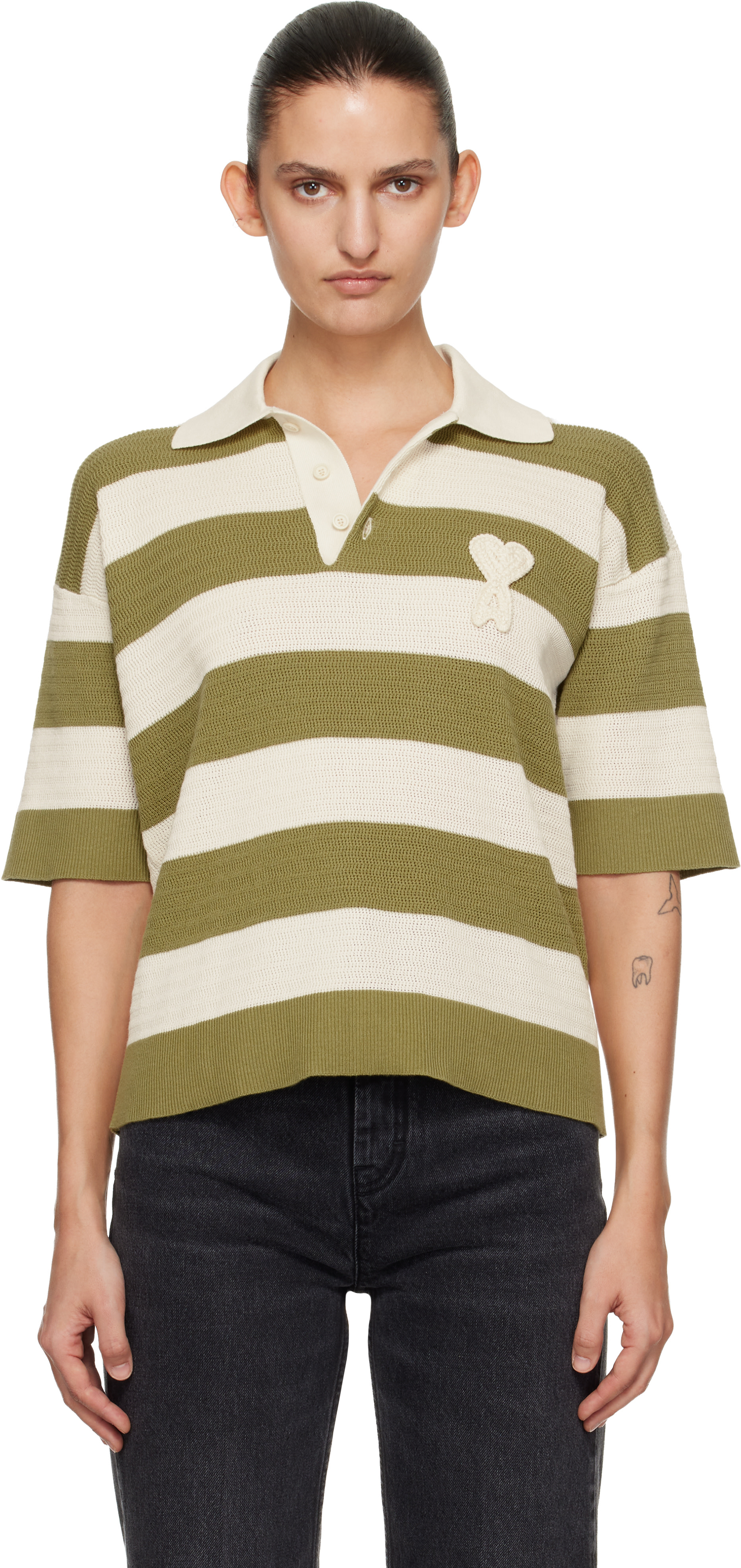 AMI Paris: Off-White & Green Short Sleeves 'Ami de Coeur' Polo