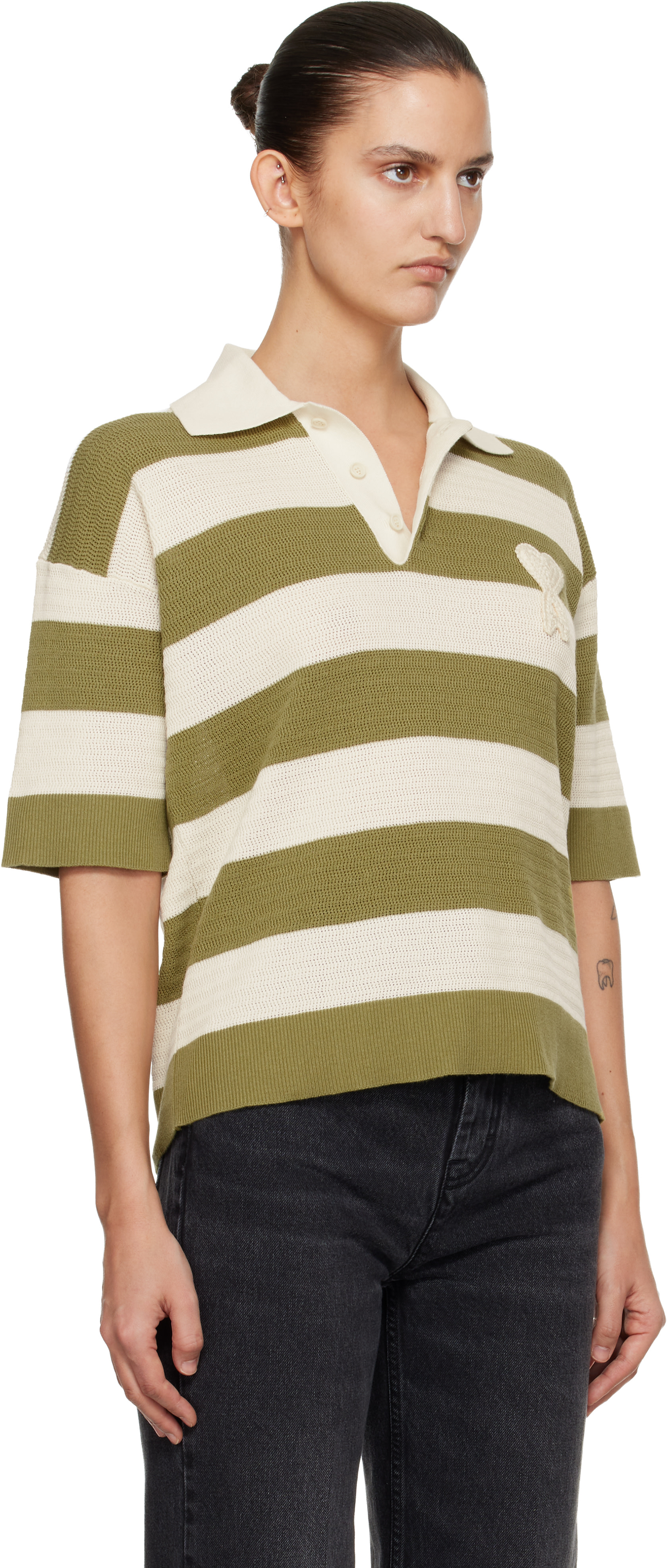AMI Paris: Off-White & Green Short Sleeves 'Ami de Coeur' Polo