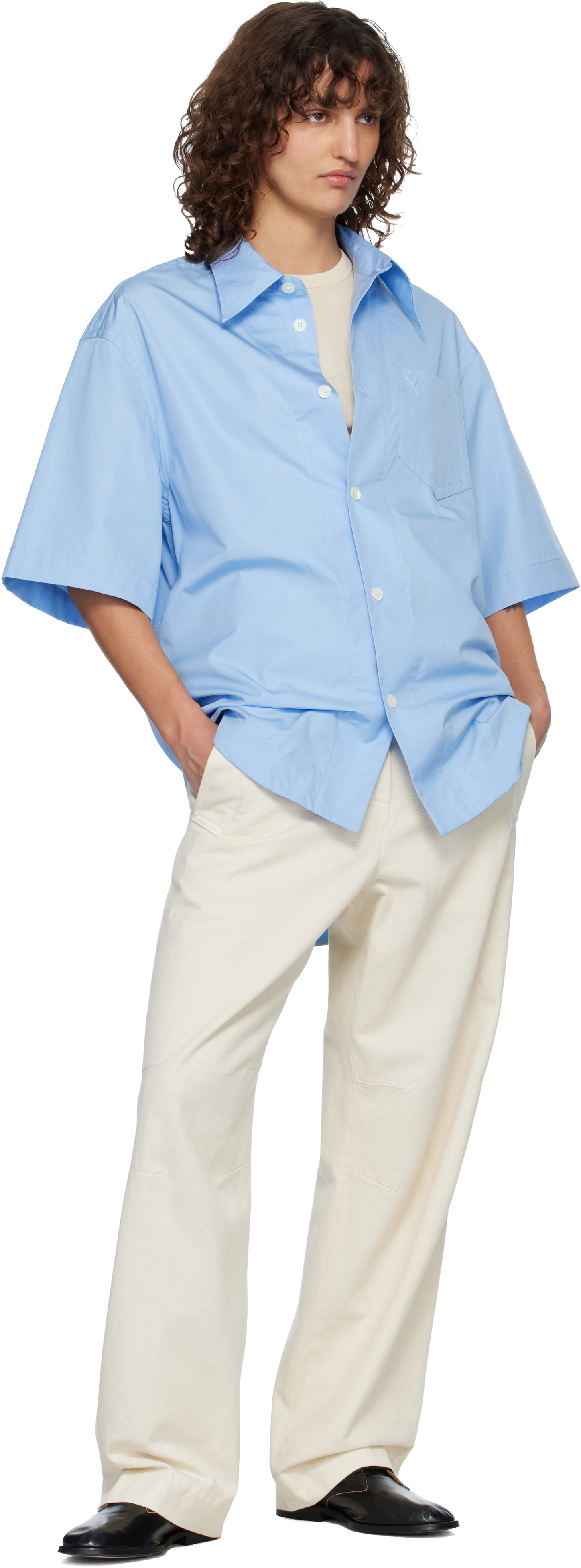 ami paris 半袖シャツ　ボックスフィットXXS 薄ブルー★美品★ AMI Paris: Blue Short Sleeve Wide Shirt | SSENSE
