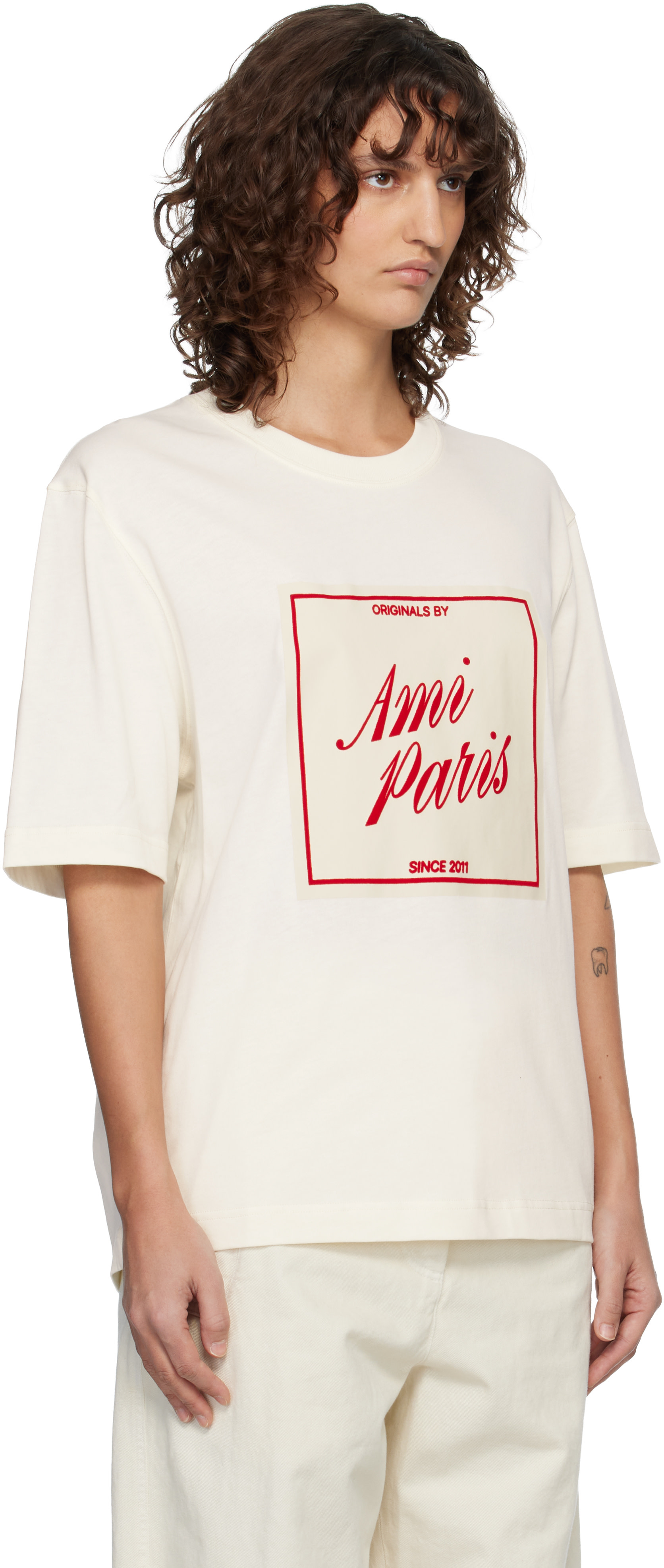 AMI Paris: Off-White Cotton 'Ami Paris Heritage' Print T-shirt