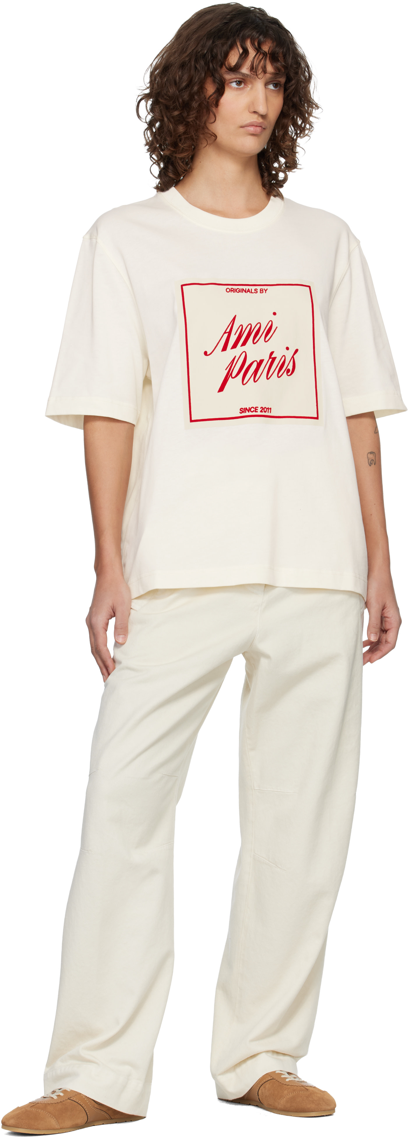 AMI Paris: オフホワイト 'Ami Paris Heritage' コットン プリントT