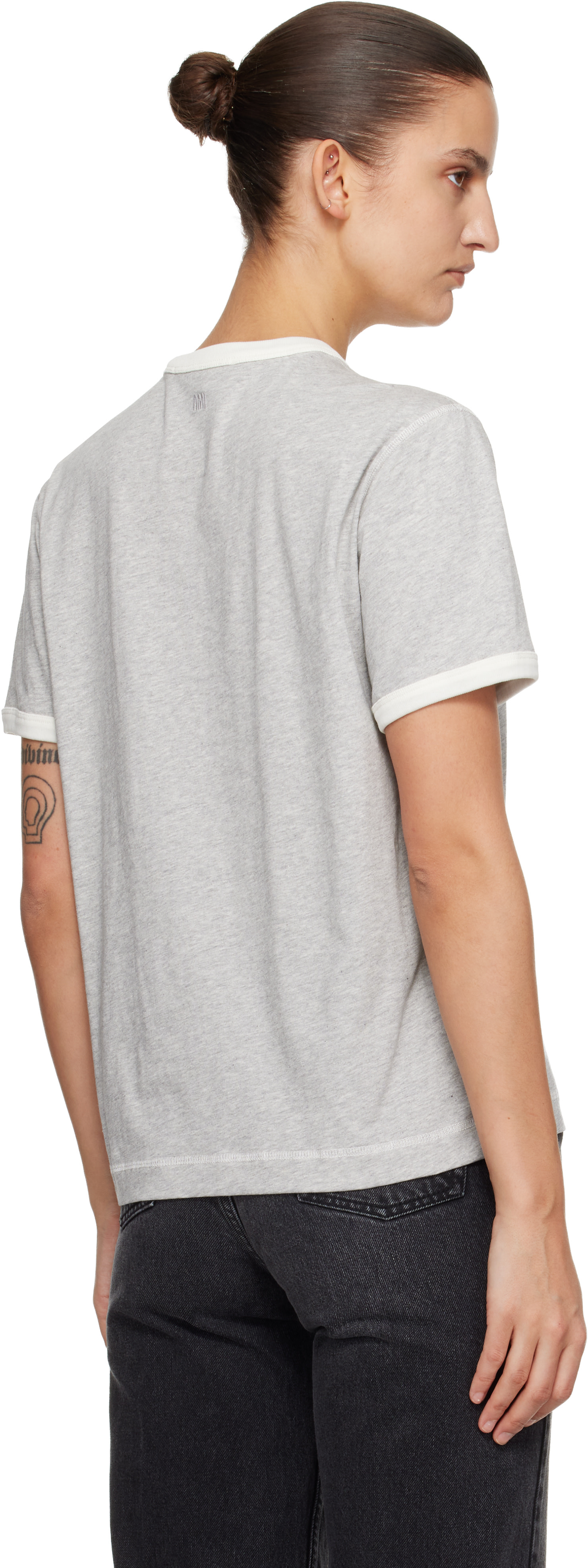 AMI Paris: Gray Cotton 'Ami Paris' Knitted Patch T-shirt | SSENSE
