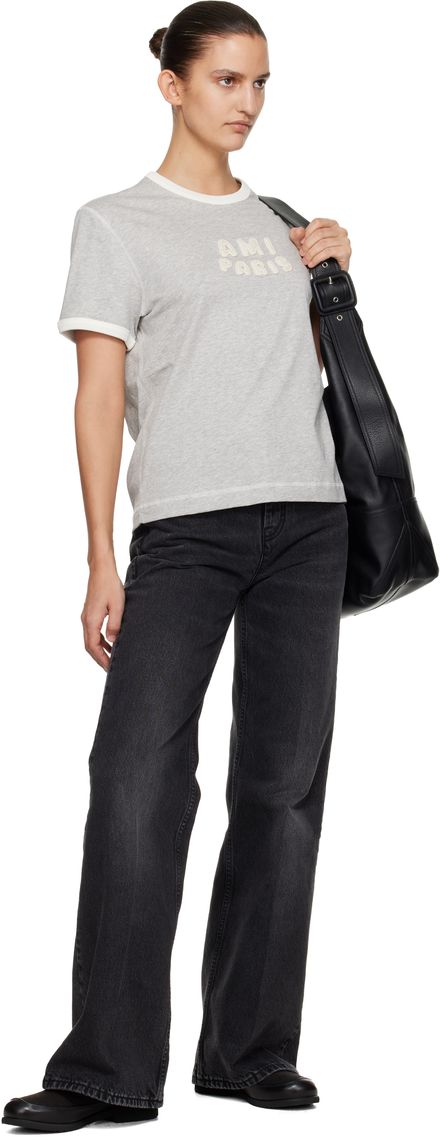 AMI Paris: Gray Cotton 'Ami Paris' Knitted Patch T-shirt | SSENSE